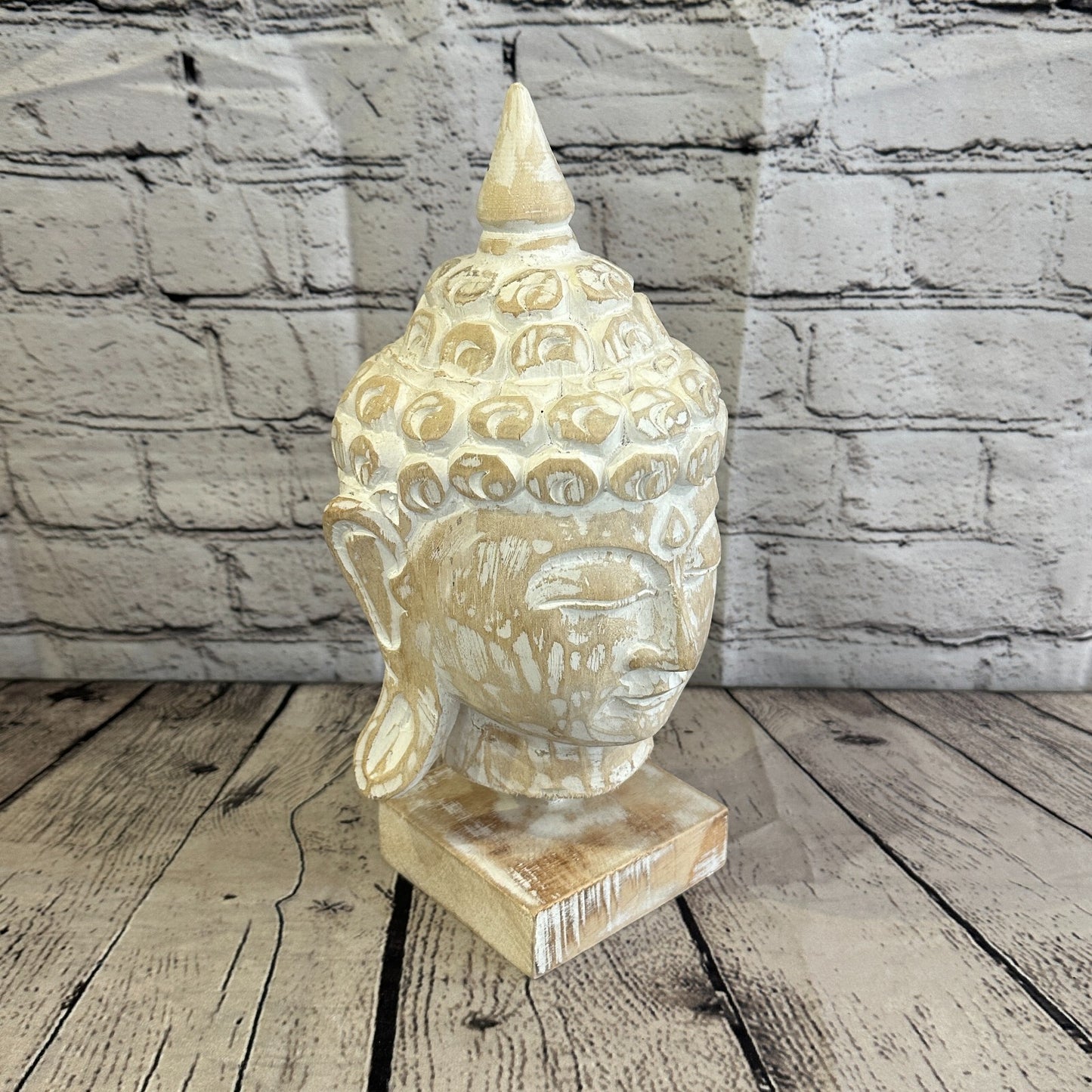 30cm White Buddha Head Wooden Standing Statue Figurine Ornament Fair Trade