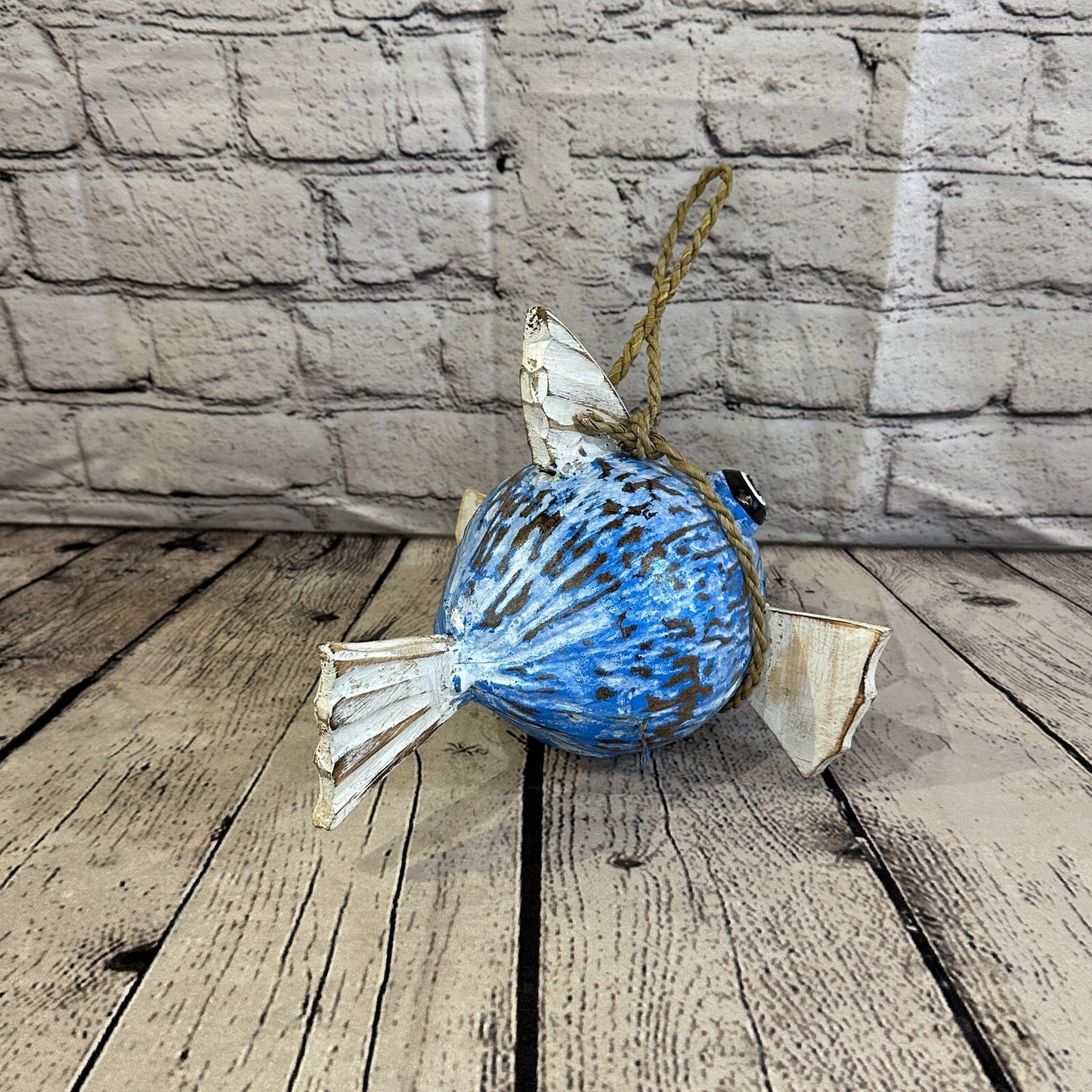 White Blue Folk Art Hand Painted Puffer Fish Coconut Shell Ornaments Hanging