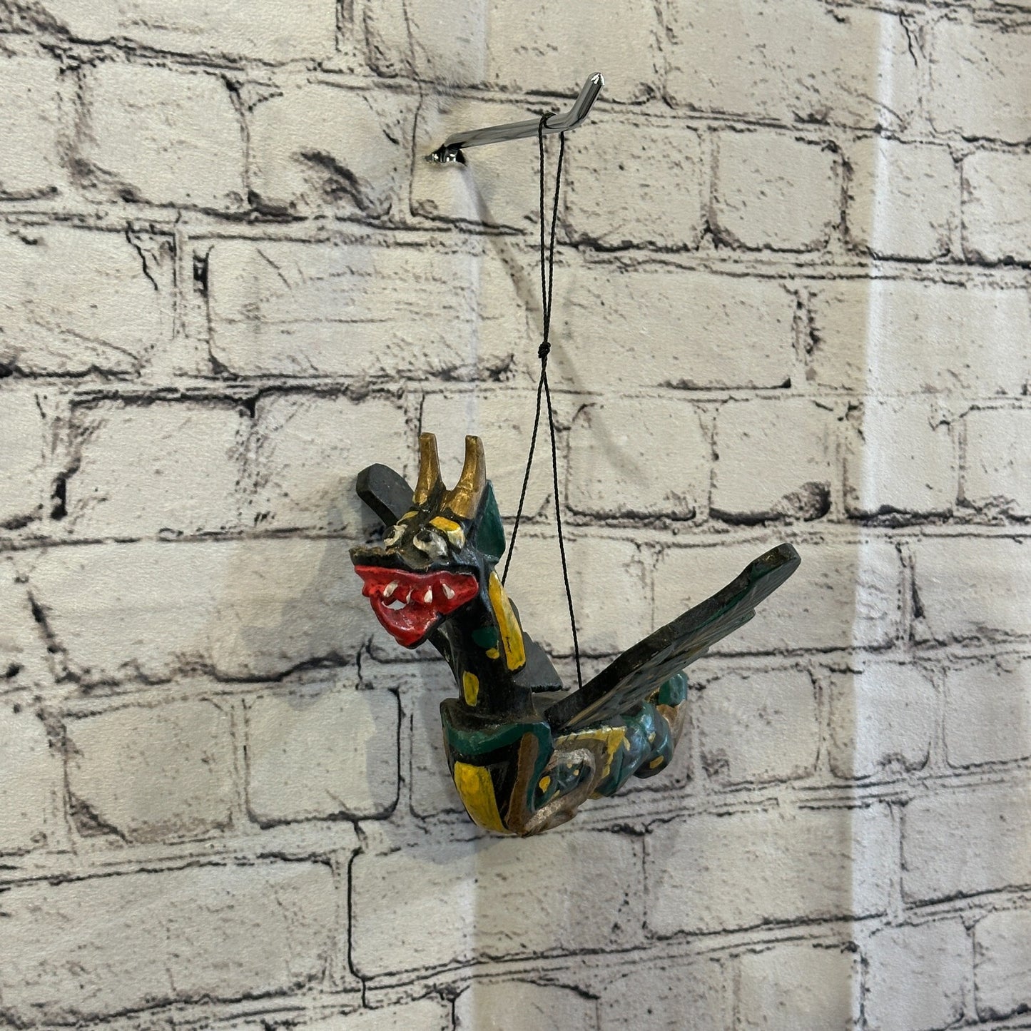 Small Black Dragon Folk Art Wood Flying Winged Mobile Spirit Chaser Guardian