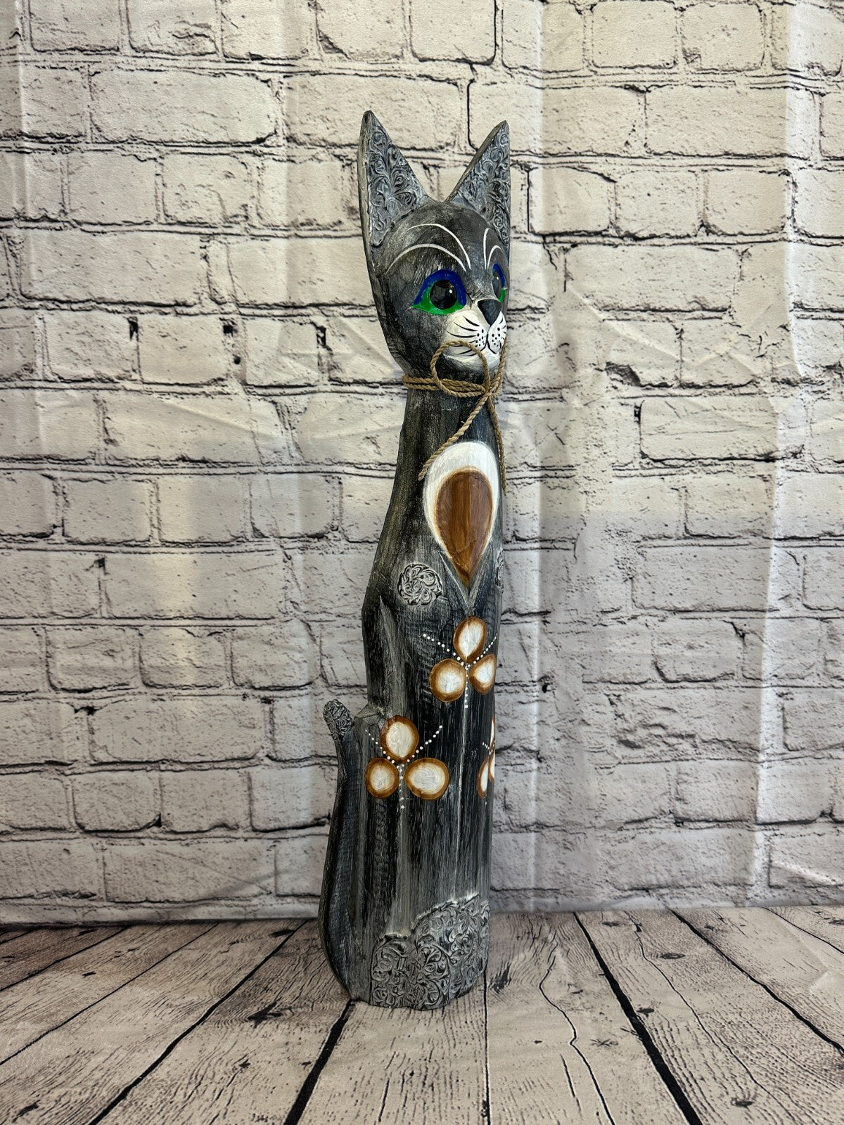 60cm Grey Swirl Flower Wooden Shabby Cat Statue Ornament Fair Trade Handcarved