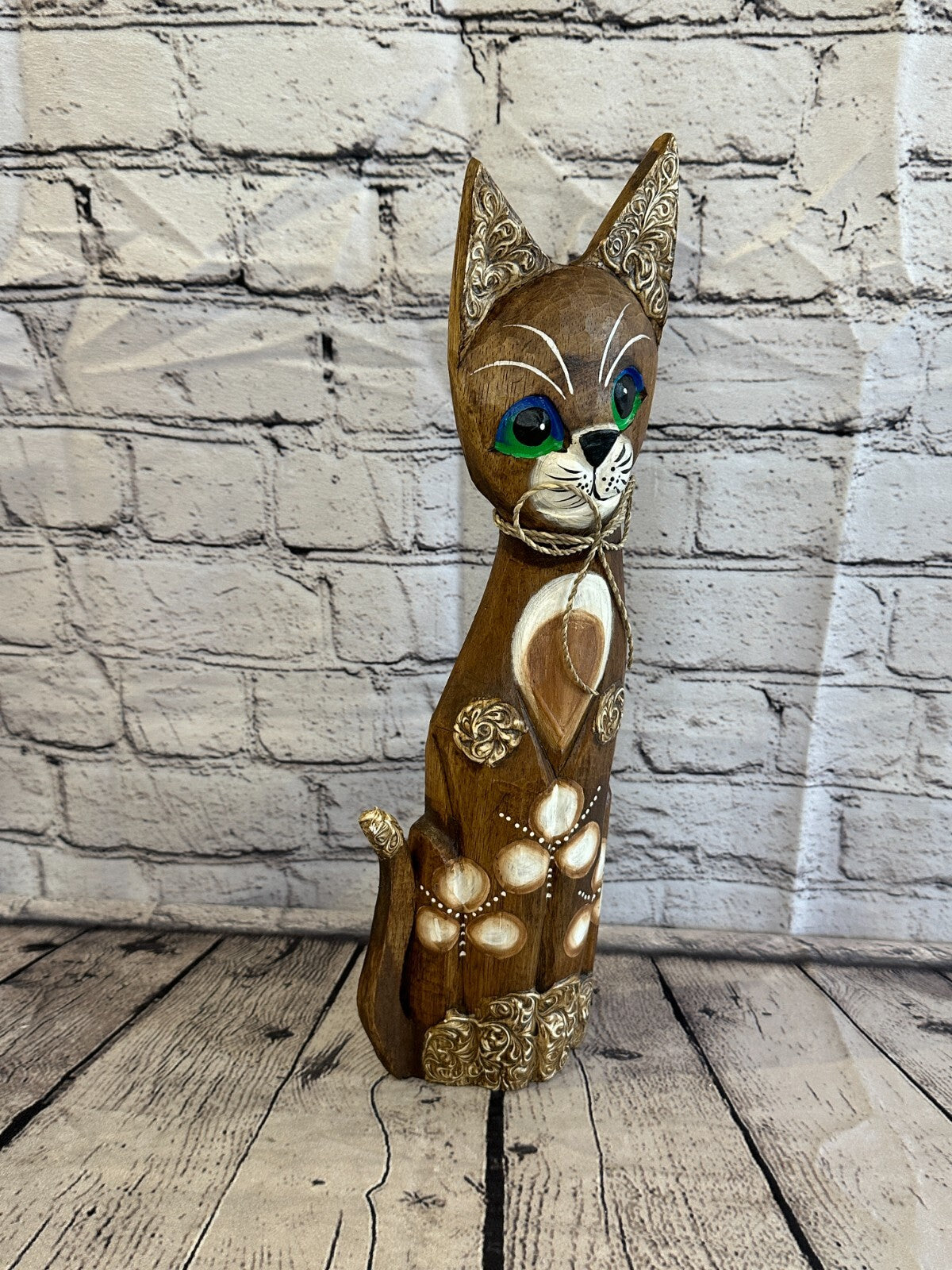 40cm Brown Swirl Flower Wooden Shabby Cat Statue Ornament Fair Trade Handcarved