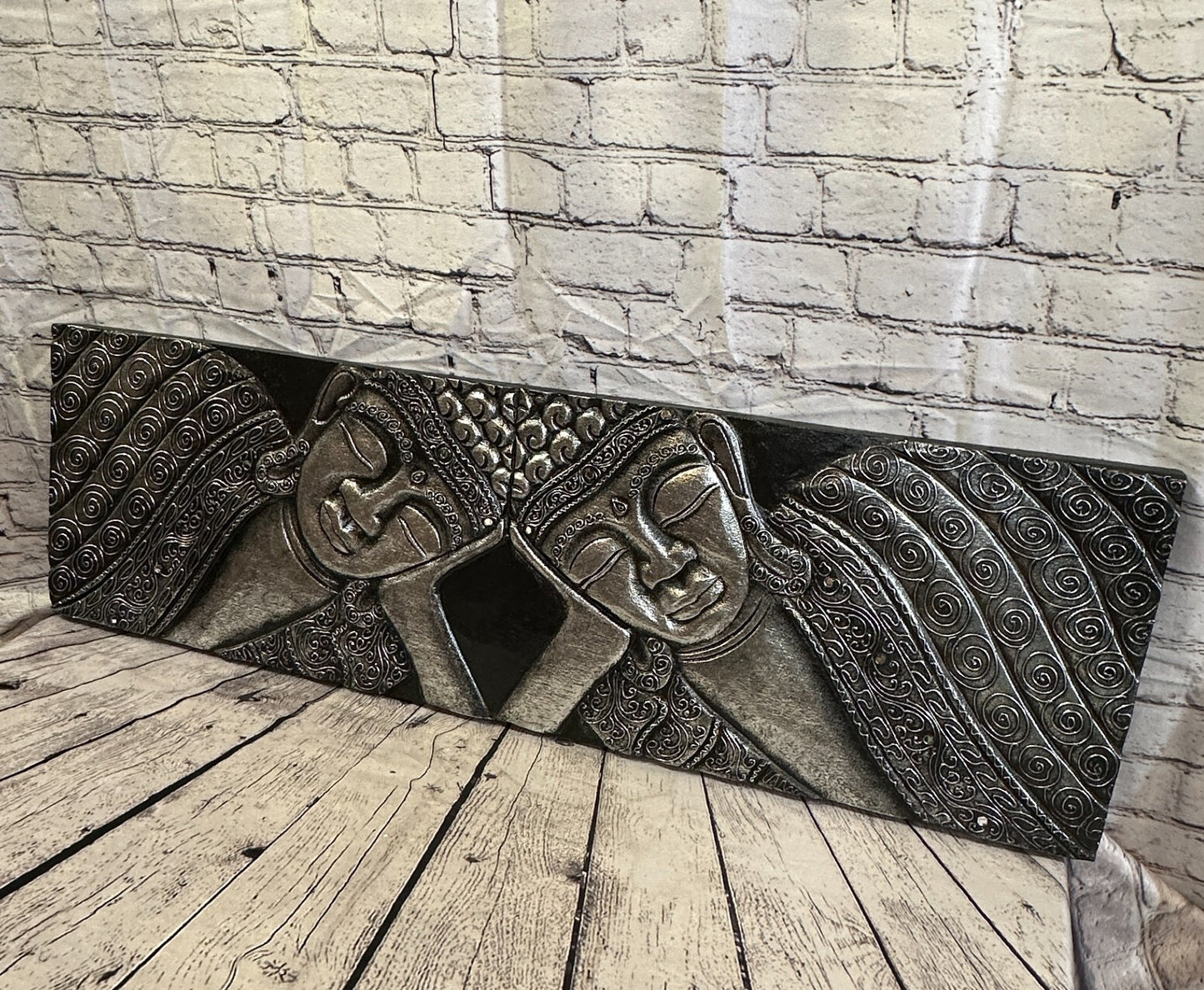 100cm x 30cm Buddha 2 Faces Silver Wooden Wood Panel Wall Art Plaque Handcarved