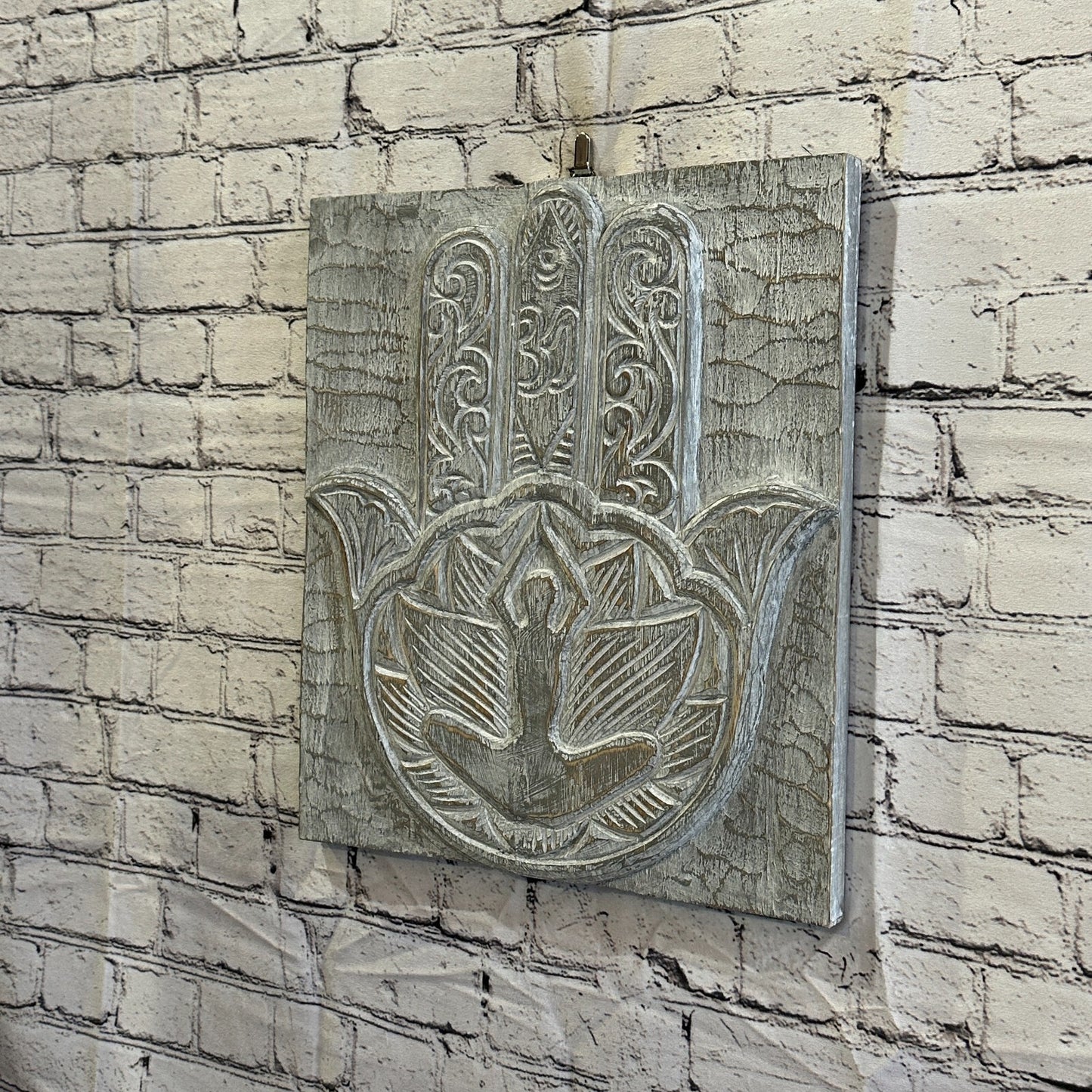 Hand Of Fatima Wooden Panel 40cm x 35cm Silver Grey Wall Art Plaque Handcarved