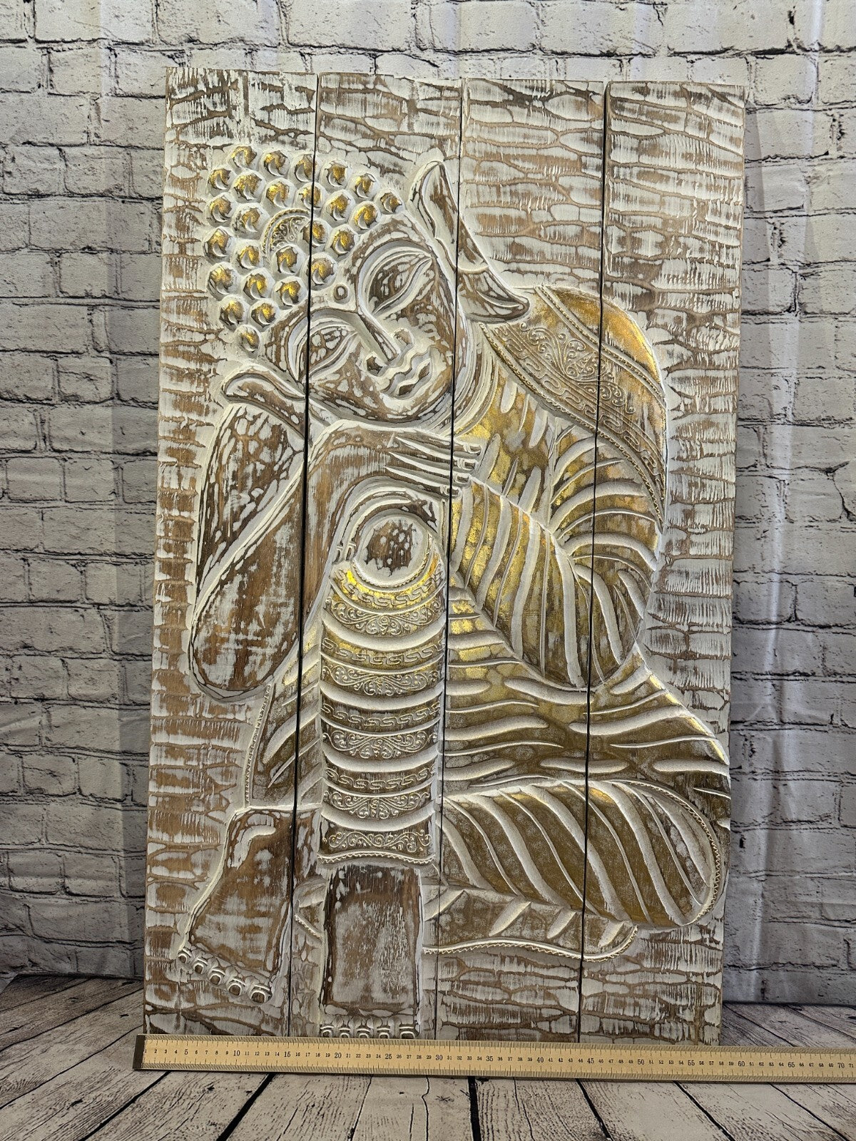100cm x 60cm Buddha Brown Gold Wooden Wood Panel Wall Art Plaque Handcarved