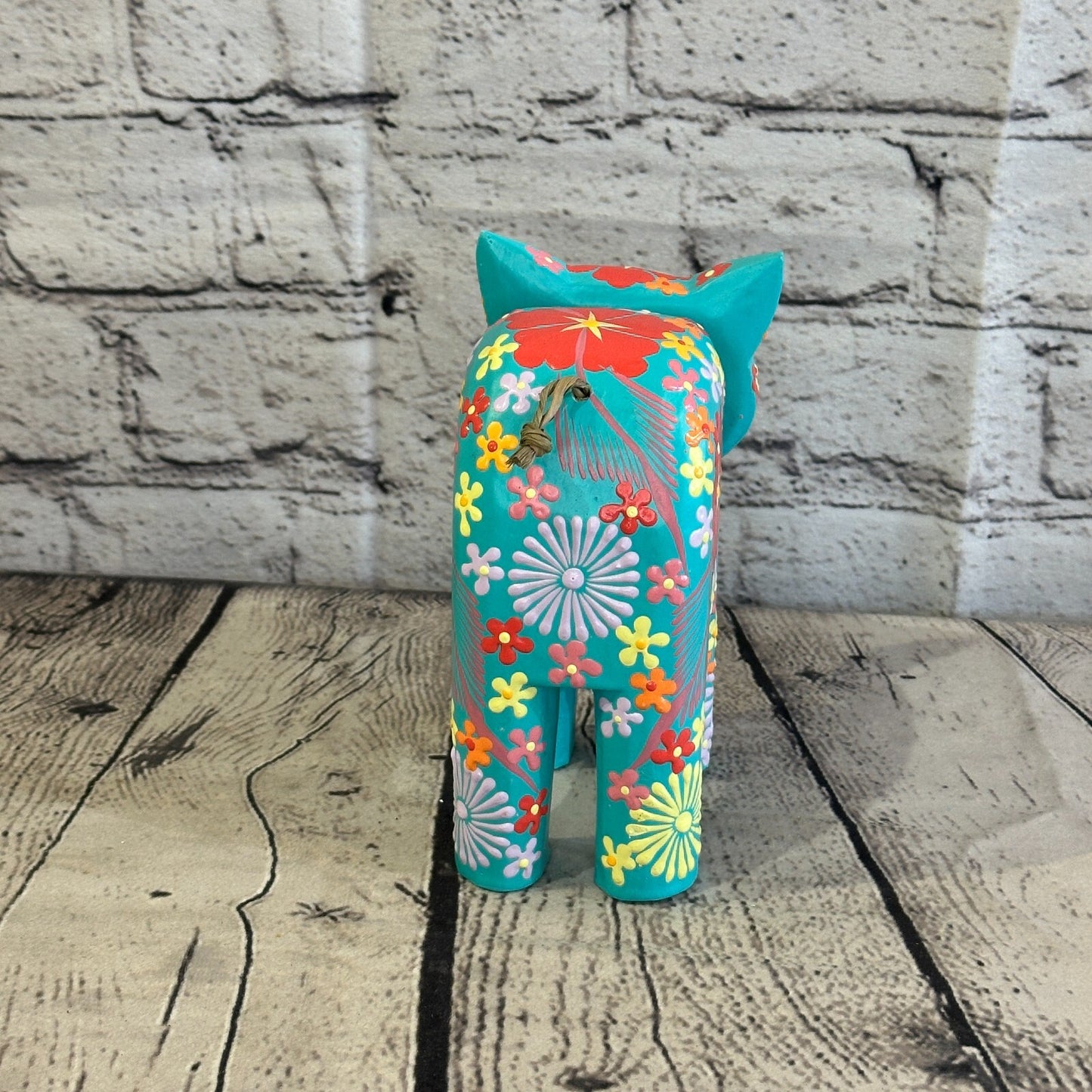 Blue Large Wooden Cat With Flower Pattern 15cm x 10cm Handmade and Fairtrade