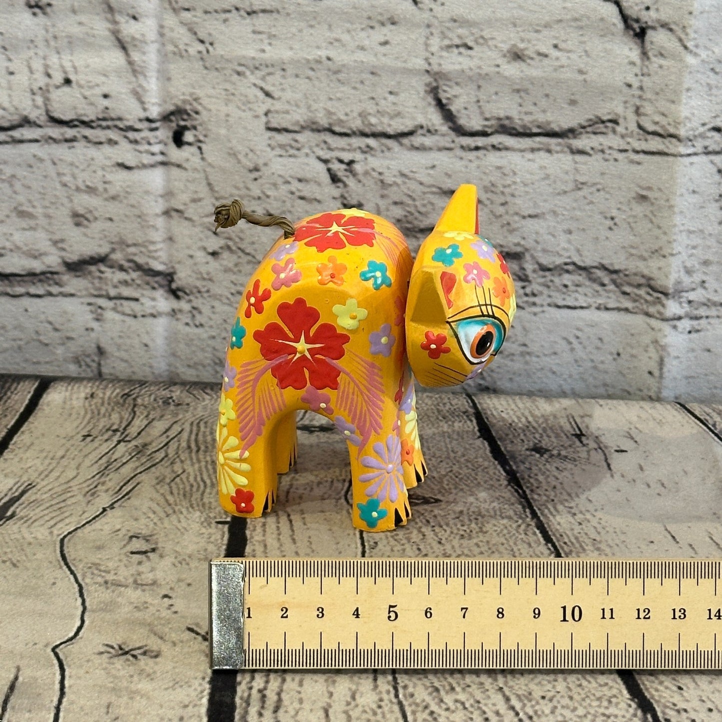 Orange Small Wooden Cat With Flower Pattern 10cm x 8cm Handmade and Fairtrade