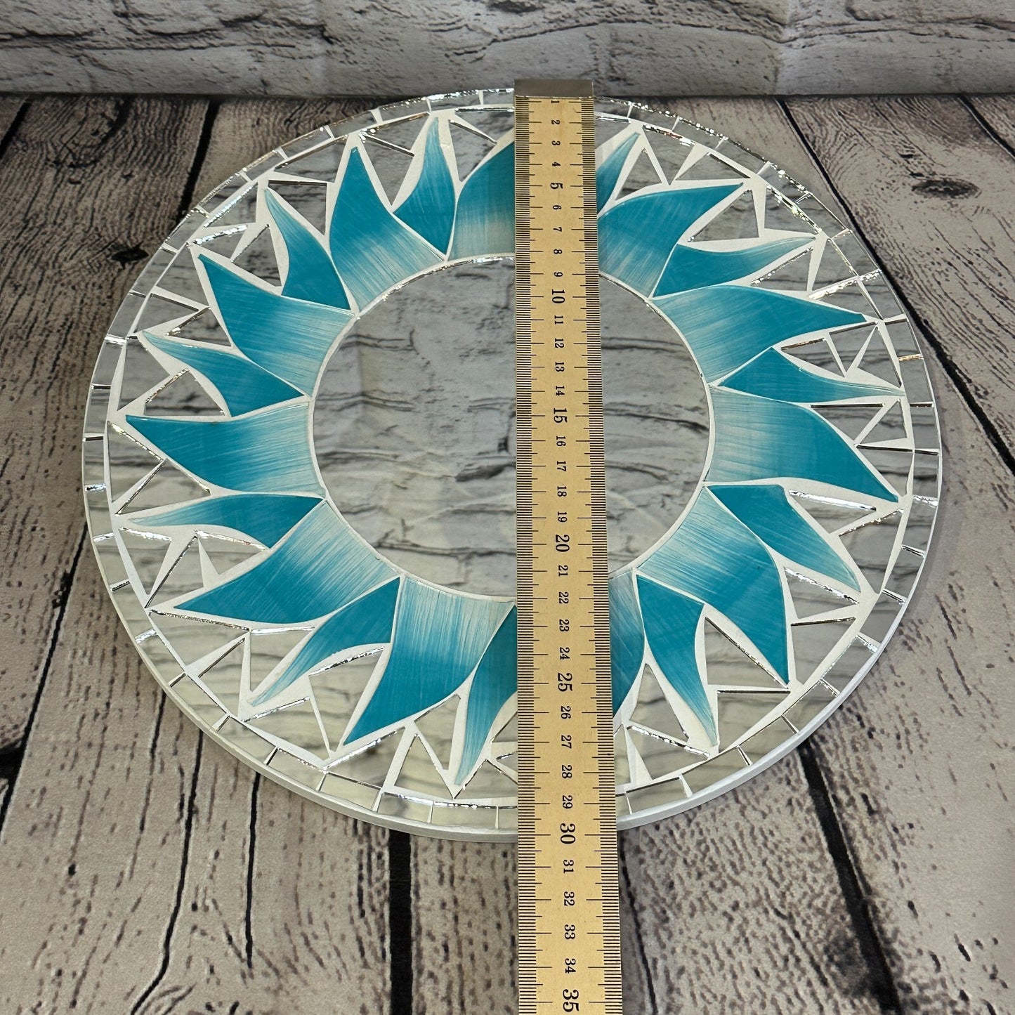 Turquoise Blue Flame Sun Mosaic Tile Wall Mirror 30cm x 30cm 12 Inches Handmade