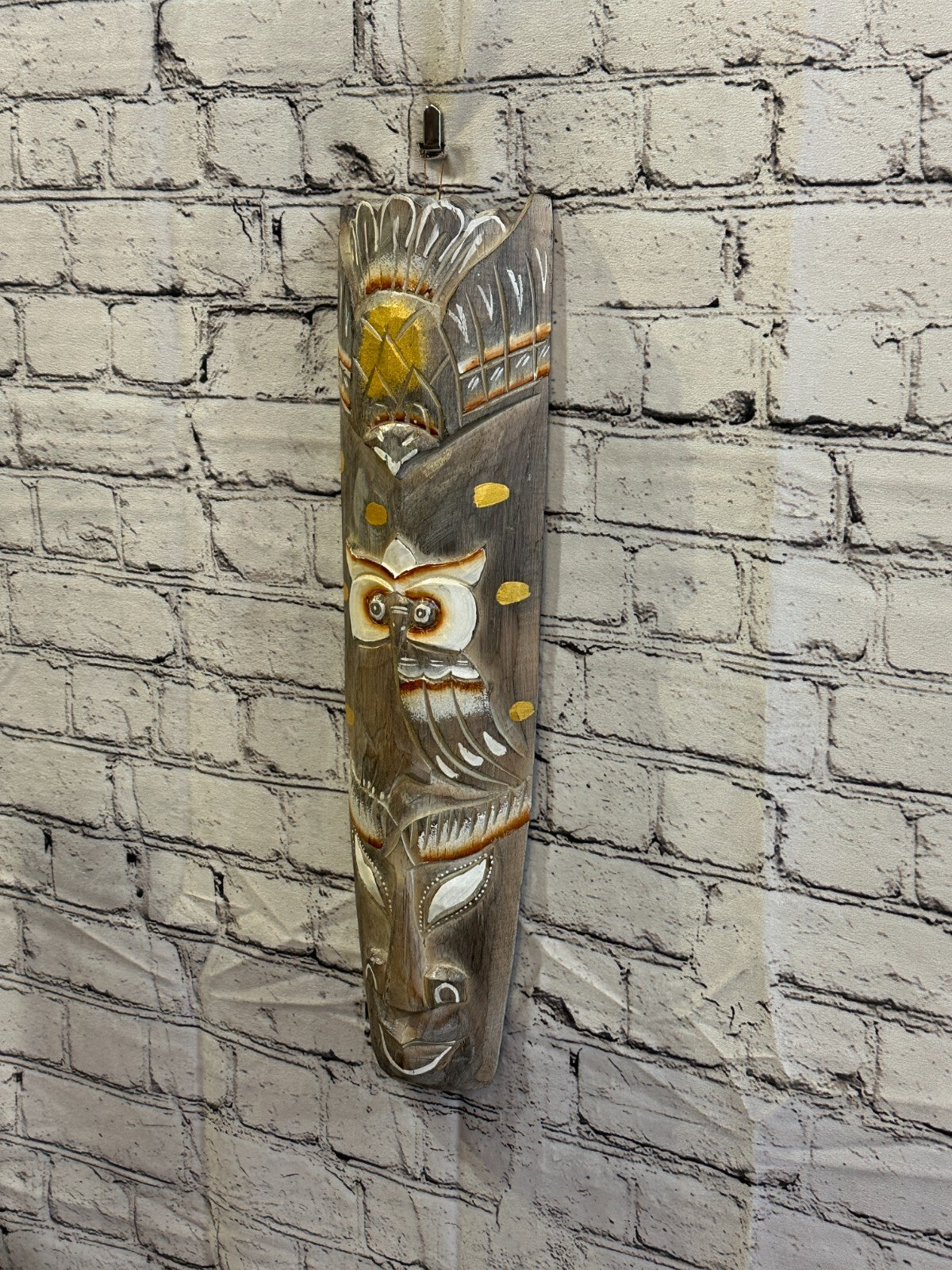 50cm Light Grey Owl Hand Carved Fair Trade Wooden Animal Wall Art Wall Hang Mask