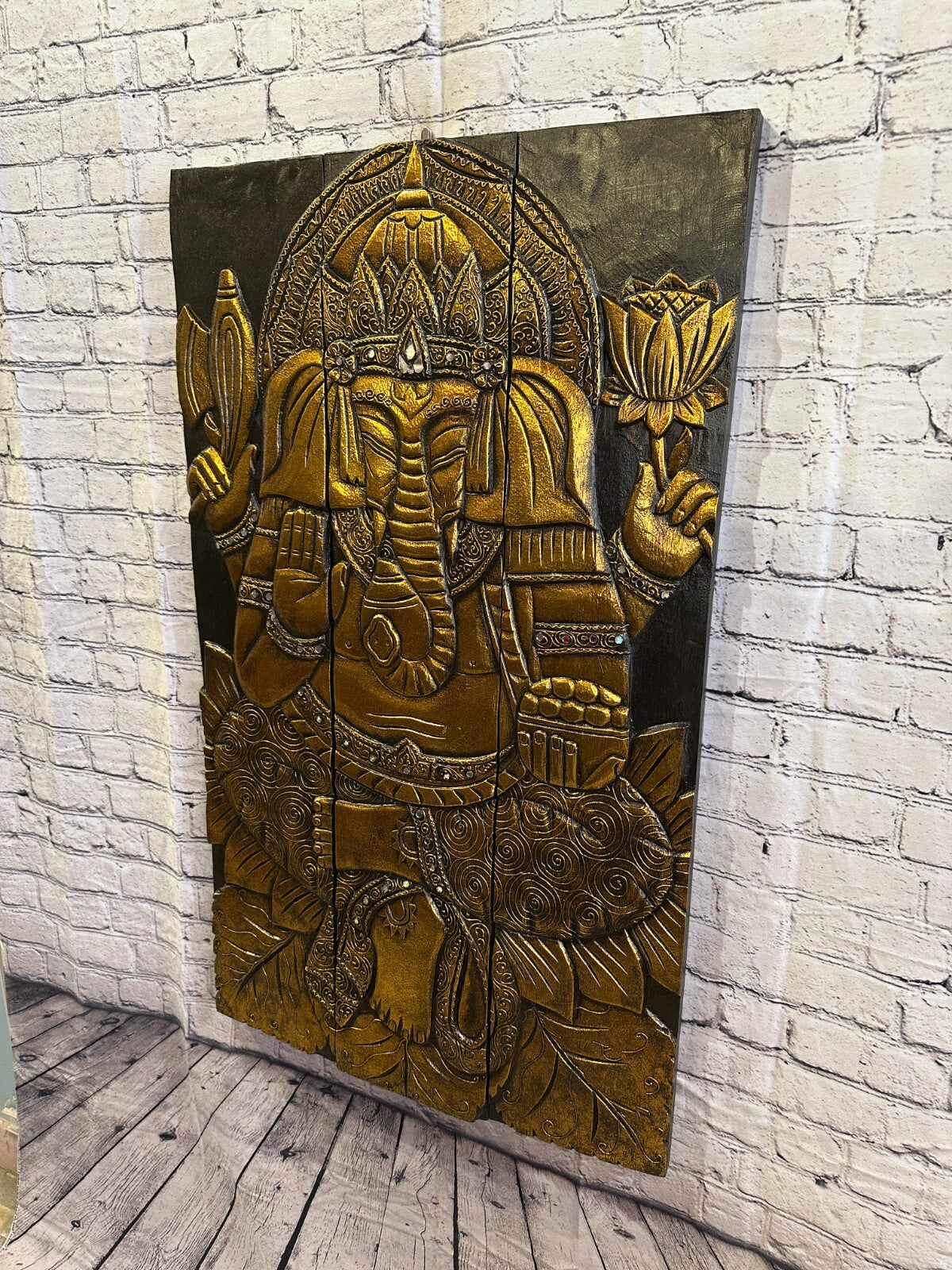 100cm x 60cm Ganesh Gold Panel Wooden Wood Panel Wall Art Plaque Handcarved