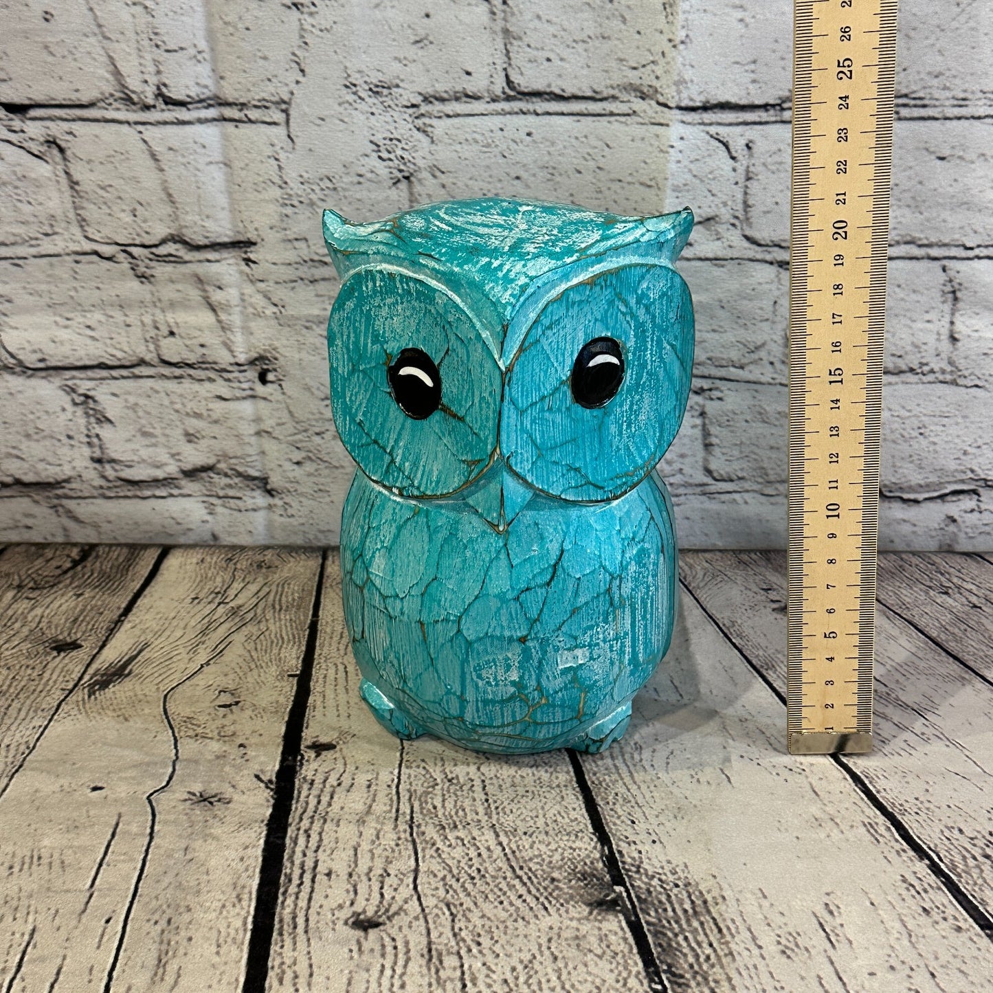20cm x 15cm Green Flower Wooden Shabby Owl Statue Ornament Fair Trade Handcarved