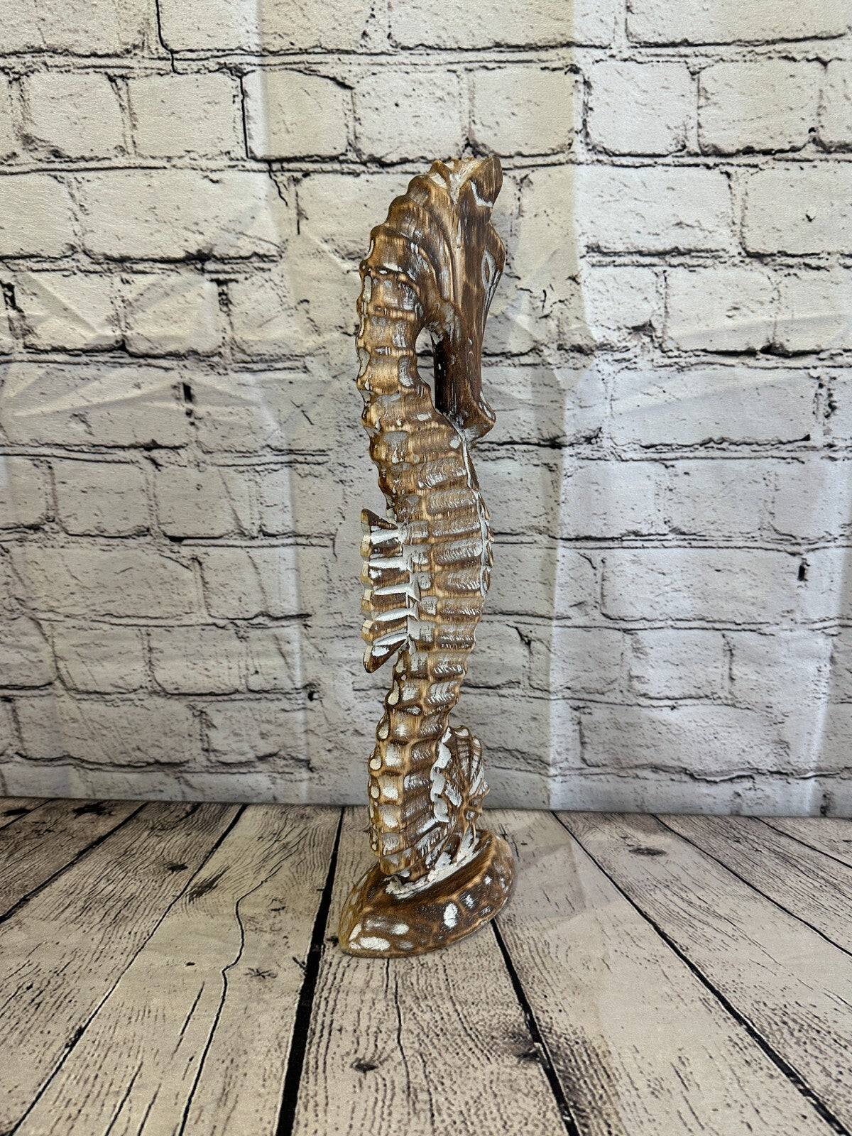 40cm Brown Plain Wooden Shabby Seahorse Statue Ornament Fair Trade Handcarved