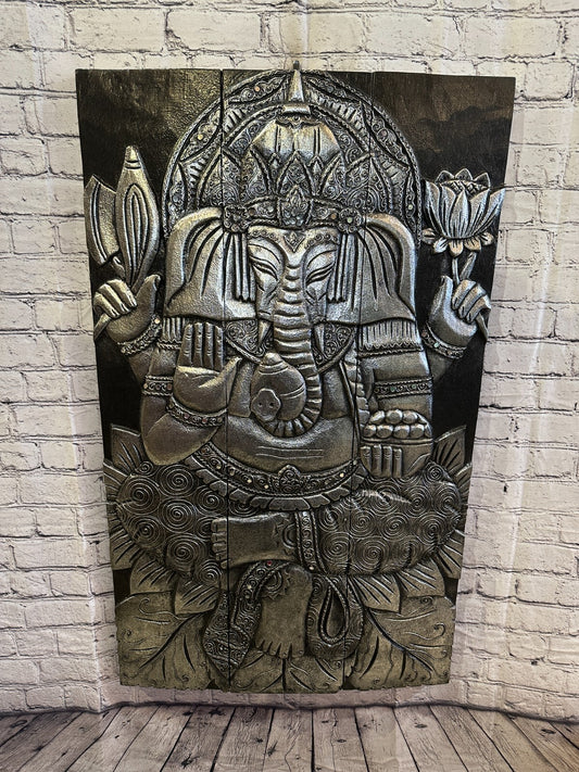 100cm x 60cm Ganesh Silver Panel Wooden Wood Panel Wall Art Plaque Handcarved