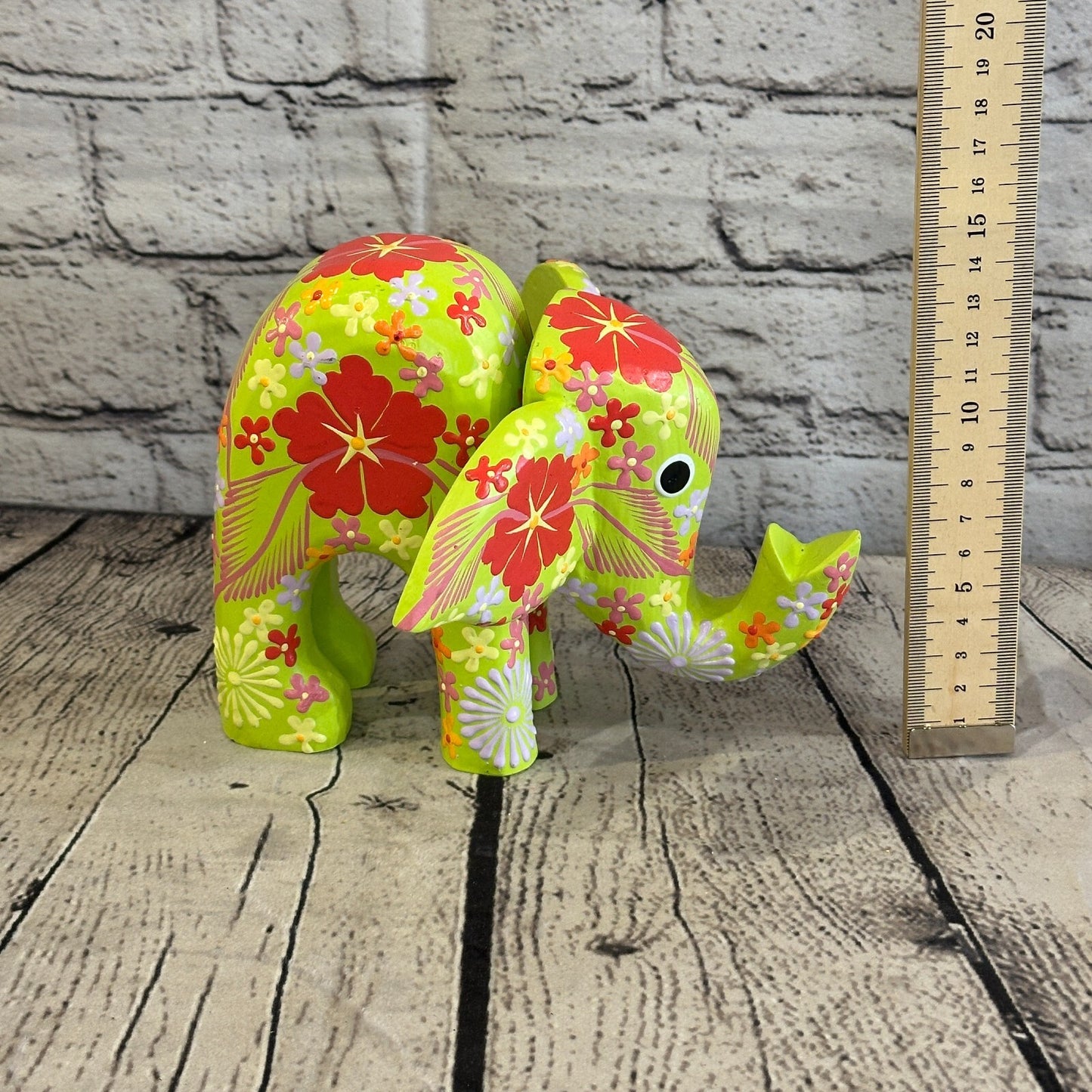 Green Wooden Elephant With Flower Pattern 15cm x 18cm Handmade and Fairtrade