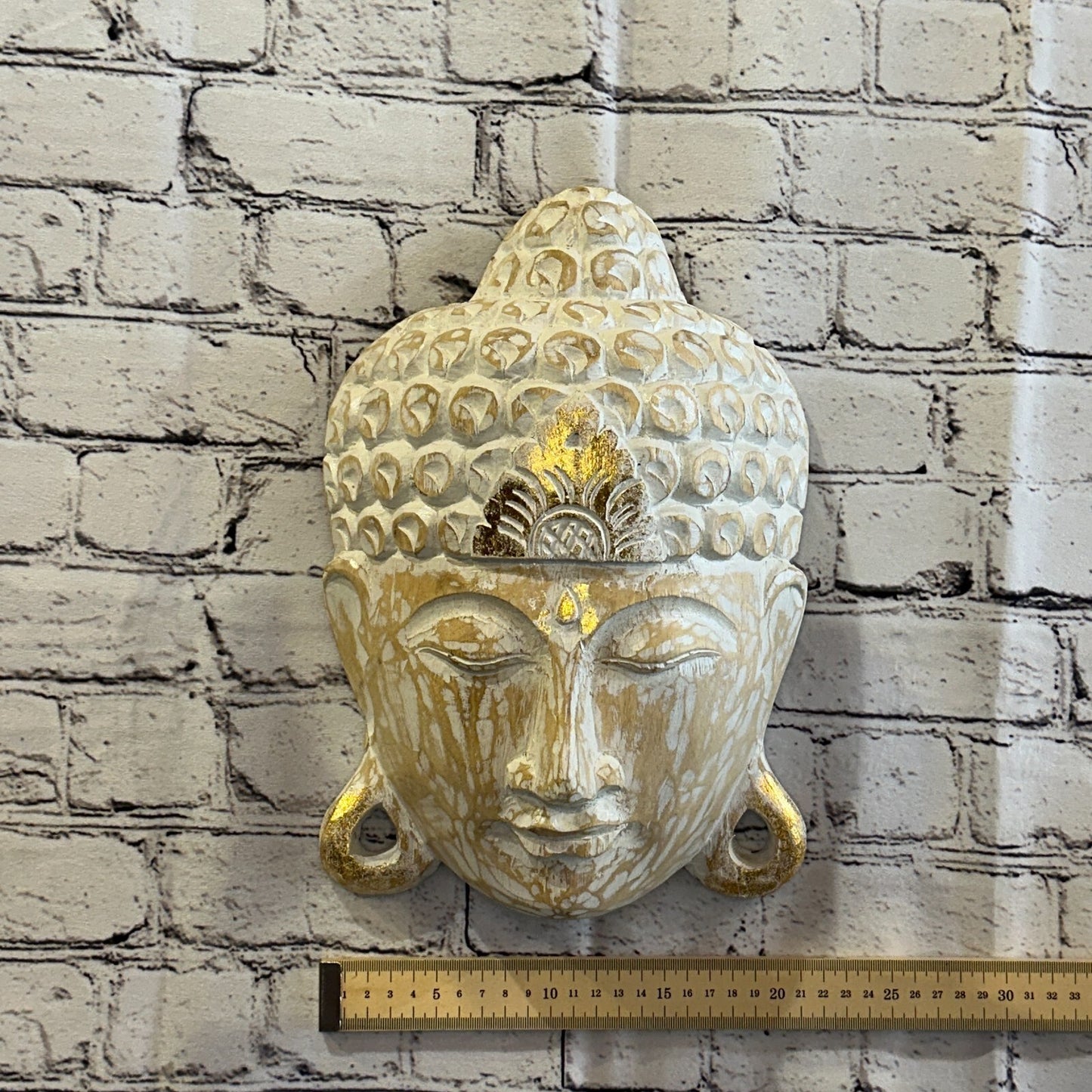30cm x 20cm Light Brown Buddha Head Mask Wooden Hanging Statue Figurine Ornament