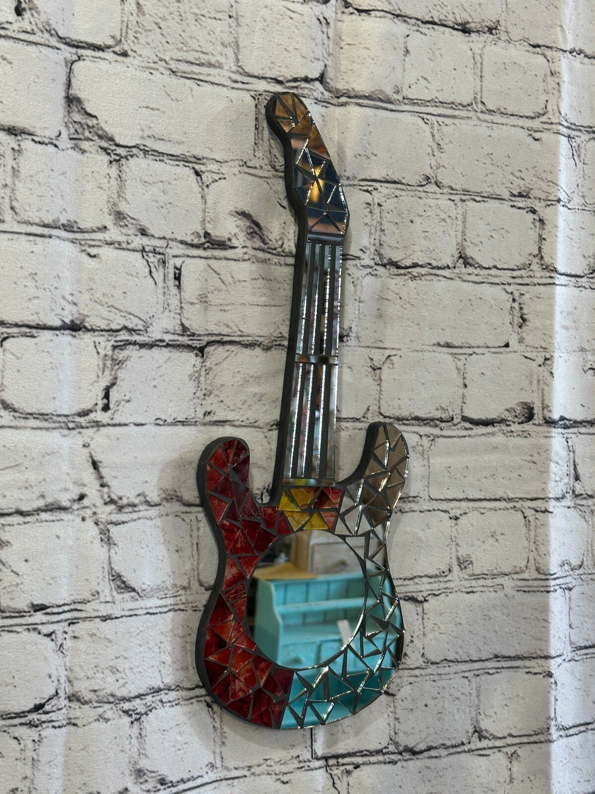 Red Guitar Mosaic Tile Wall Mirror 40cm x 15cm 16 Inches Handmade New