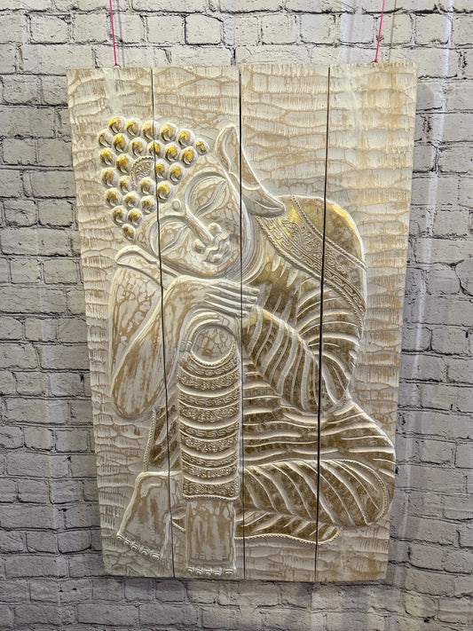 100cm x 60cm Buddha White Gold Wooden Wood Panel Wall Art Plaque Handcarved