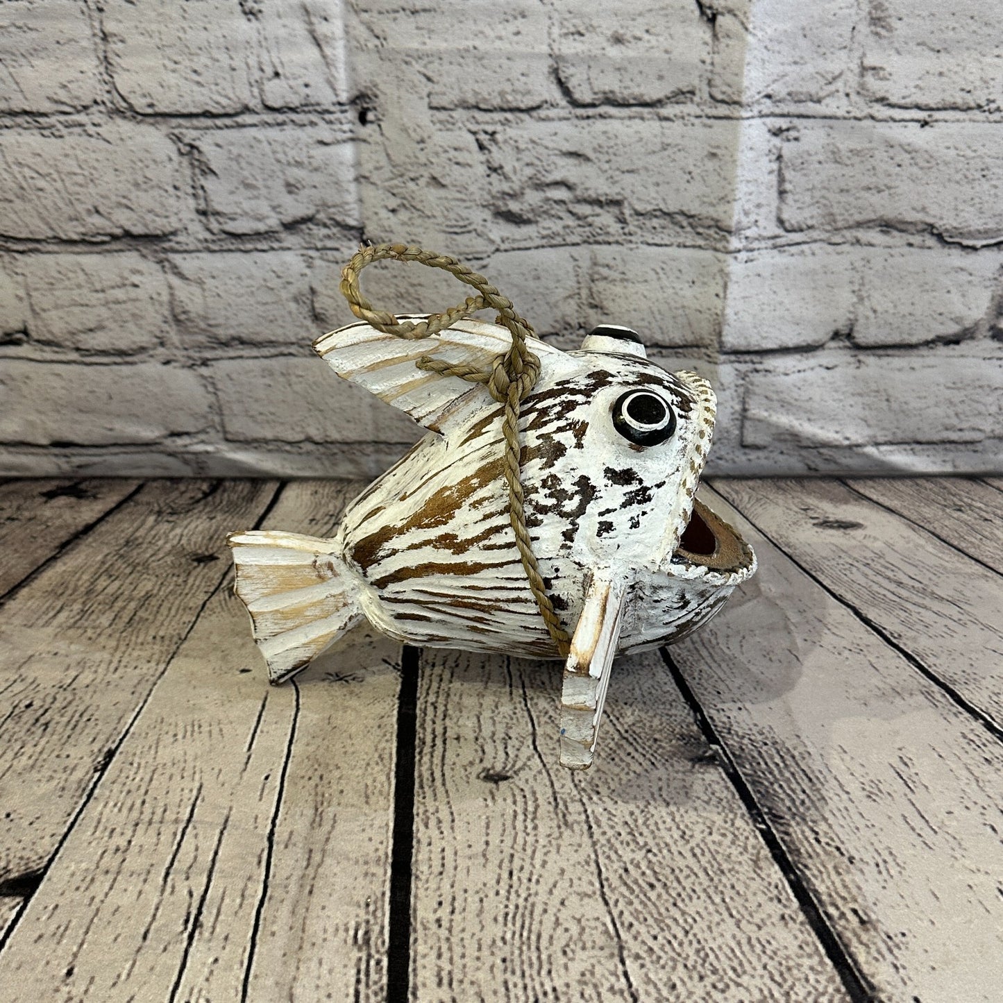 Plain White Folk Art Hand Painted Shark Fish Coconut Shell Ornaments Hanging