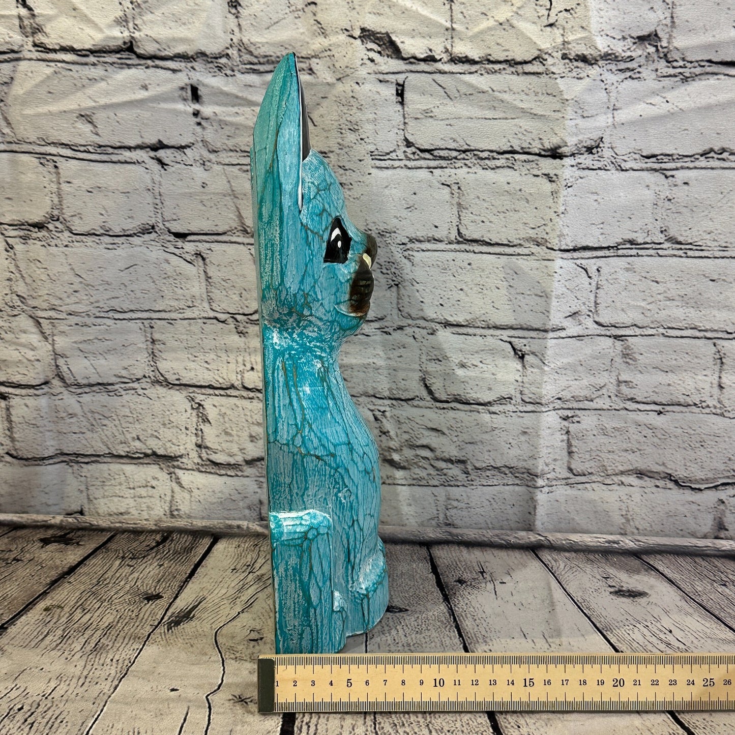 35cm x 15cm Green Flower Wooden Shabby Cat Statue Ornament Fair Trade Handcarved