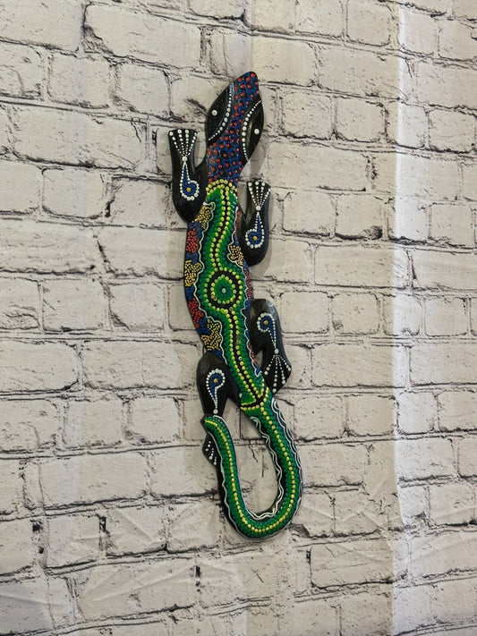50cm Gecko Carved Wooden Dot Painted Ethnic Tribal Tiki Wall Handmade No 2