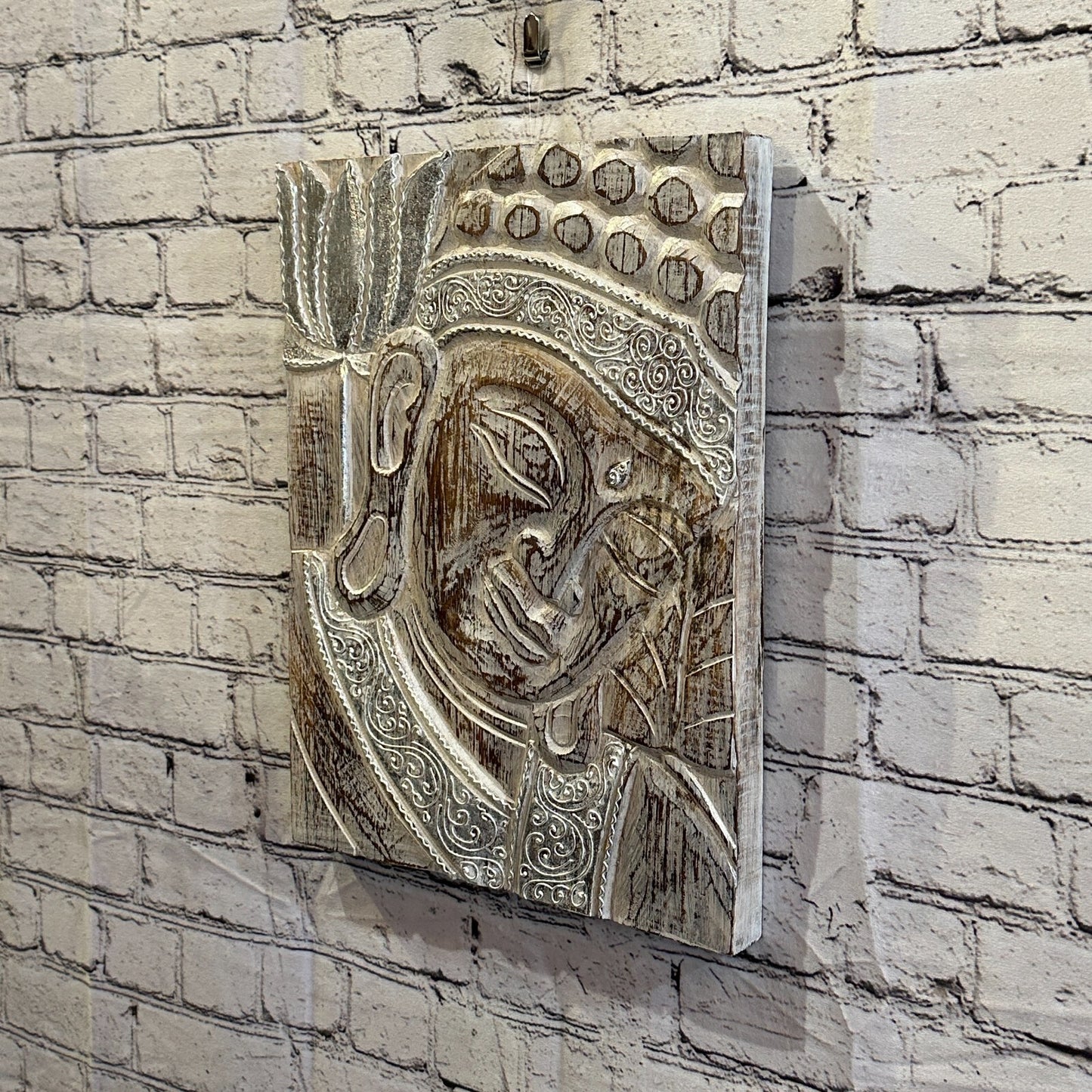Wooden Wood Panel 40cm Brown White Buddha Tall Lotus Wall Art Plaque Handcarved