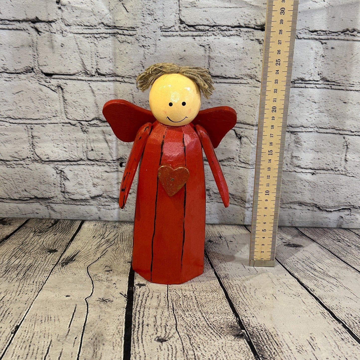 25cm x 10cm Red Cream Angel Red Heart Handcrafted Wood Xmas Christmas Ornament