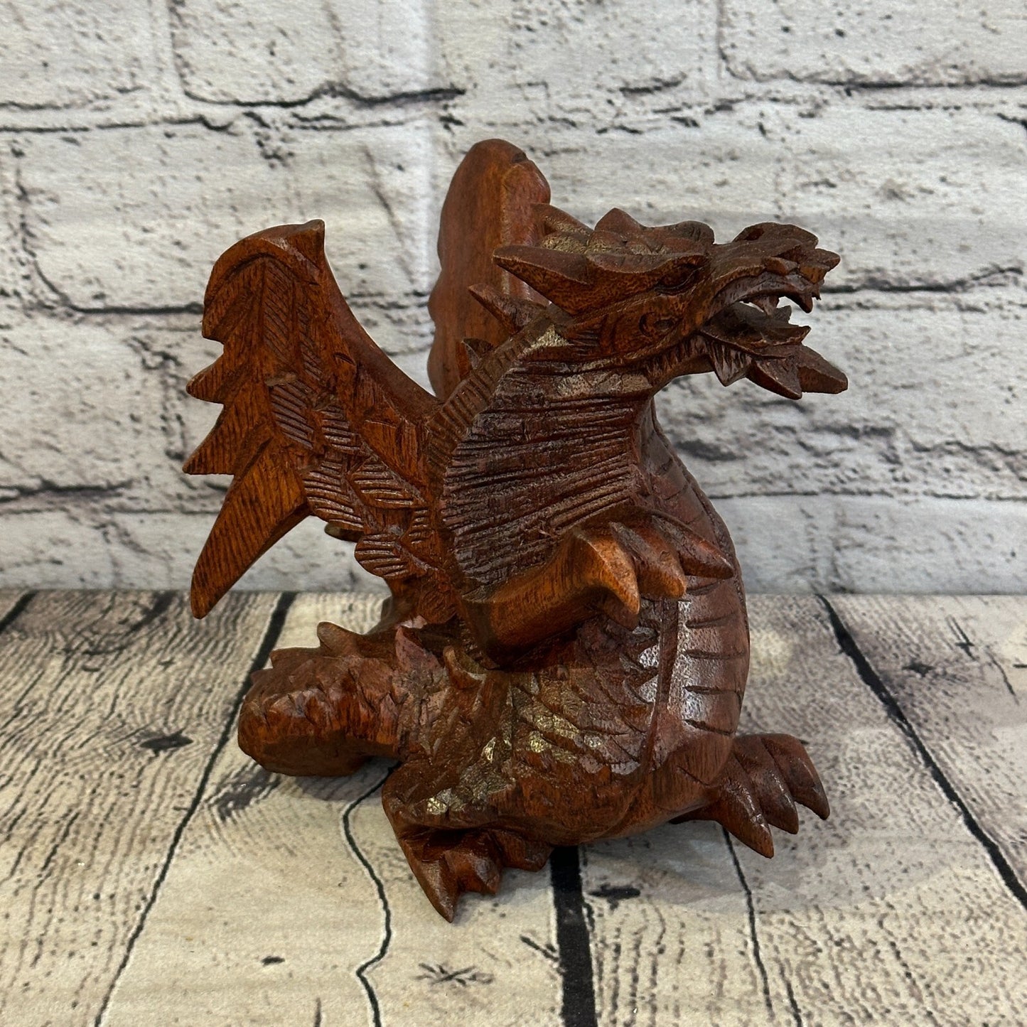 15cm x 15cm Dark Wooden Standing Dragon Carving Hand Carved Wing Back Dragon