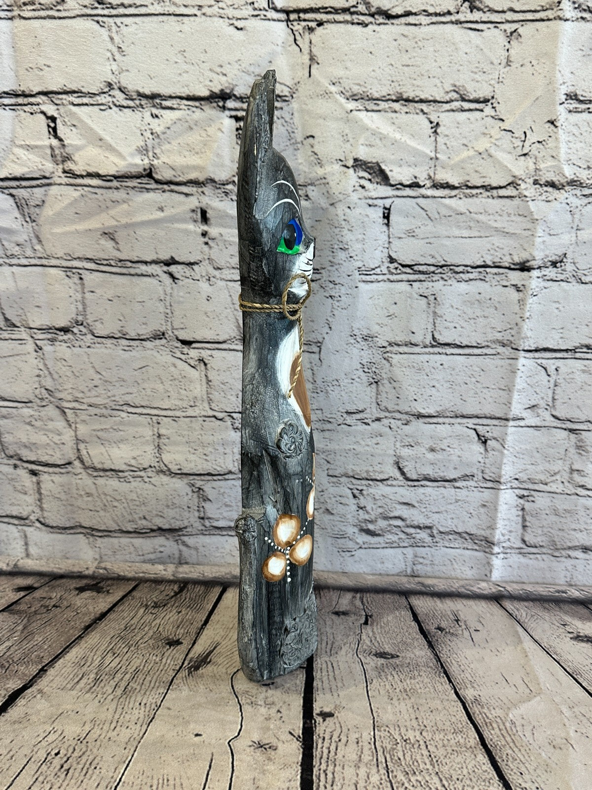 40cm Grey Swirl Flower Wooden Shabby Cat Statue Ornament Fair Trade Handcarved