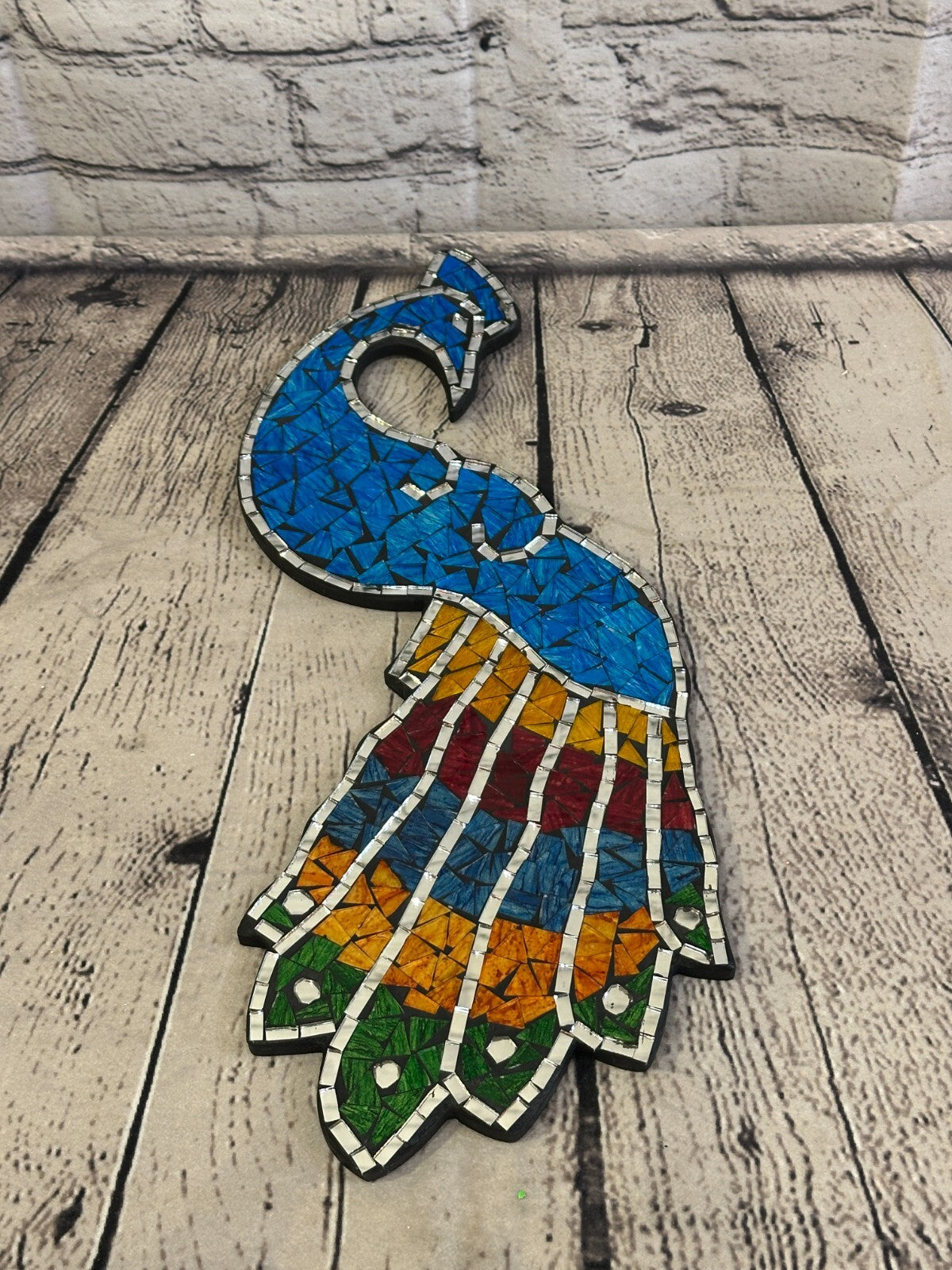Rainbow Light Blue Peacock Mosaic Tile Wall Mirror 45cm x 20cm Handmade New
