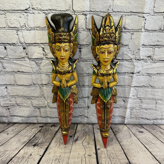 Old Antique Colour Sita Dewi Bali Rice Goddess Wings Mermaid Wood 50cm Pair