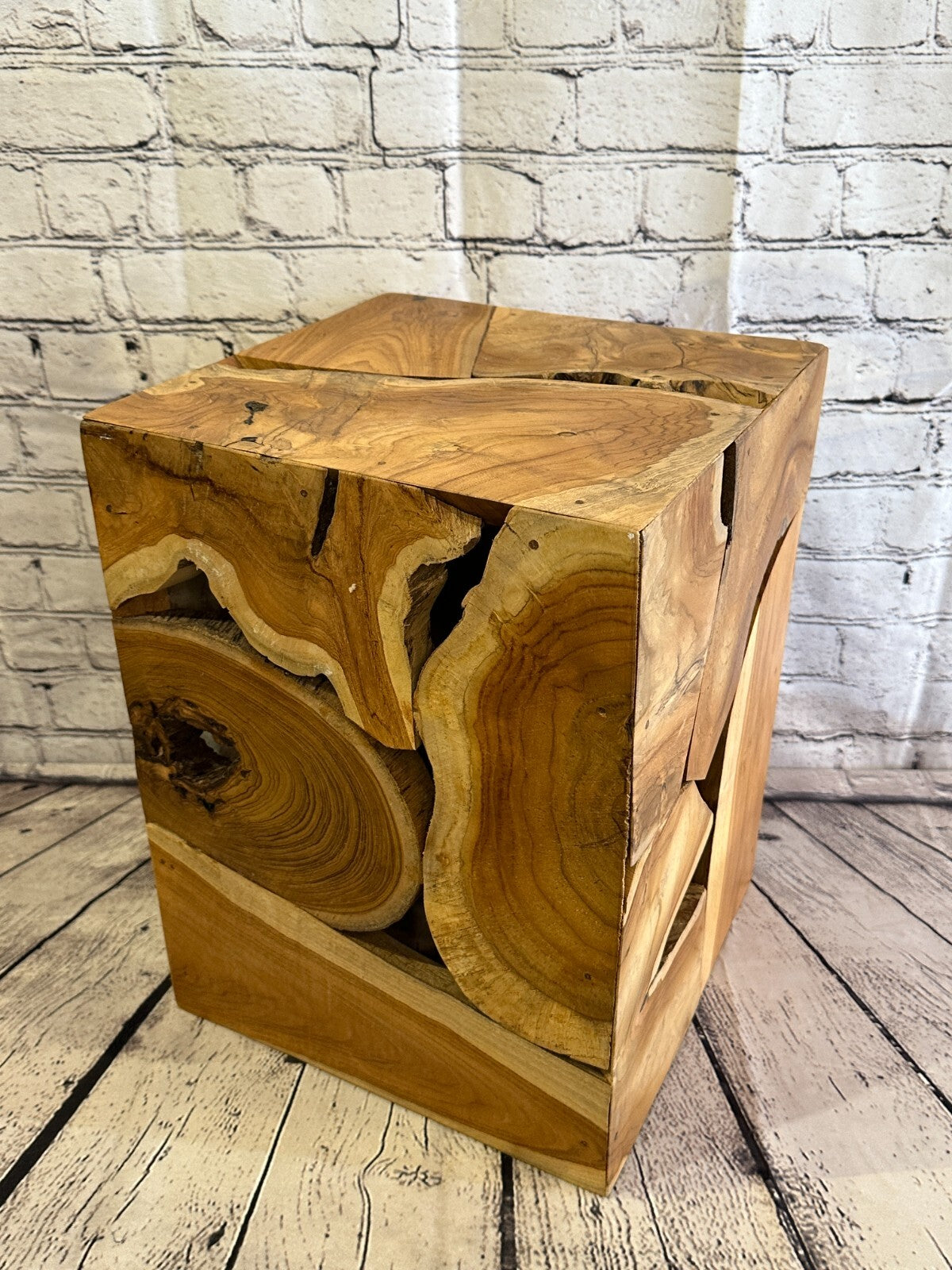 40cm x 30cm Teak Root Wood Block Side Table Lamp Stool Square Wood Coffee Table