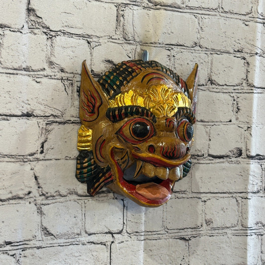 Large Wooden Natural Barong Wall Mask 18cm x 18cm Handmade And Fairtrade Hindu