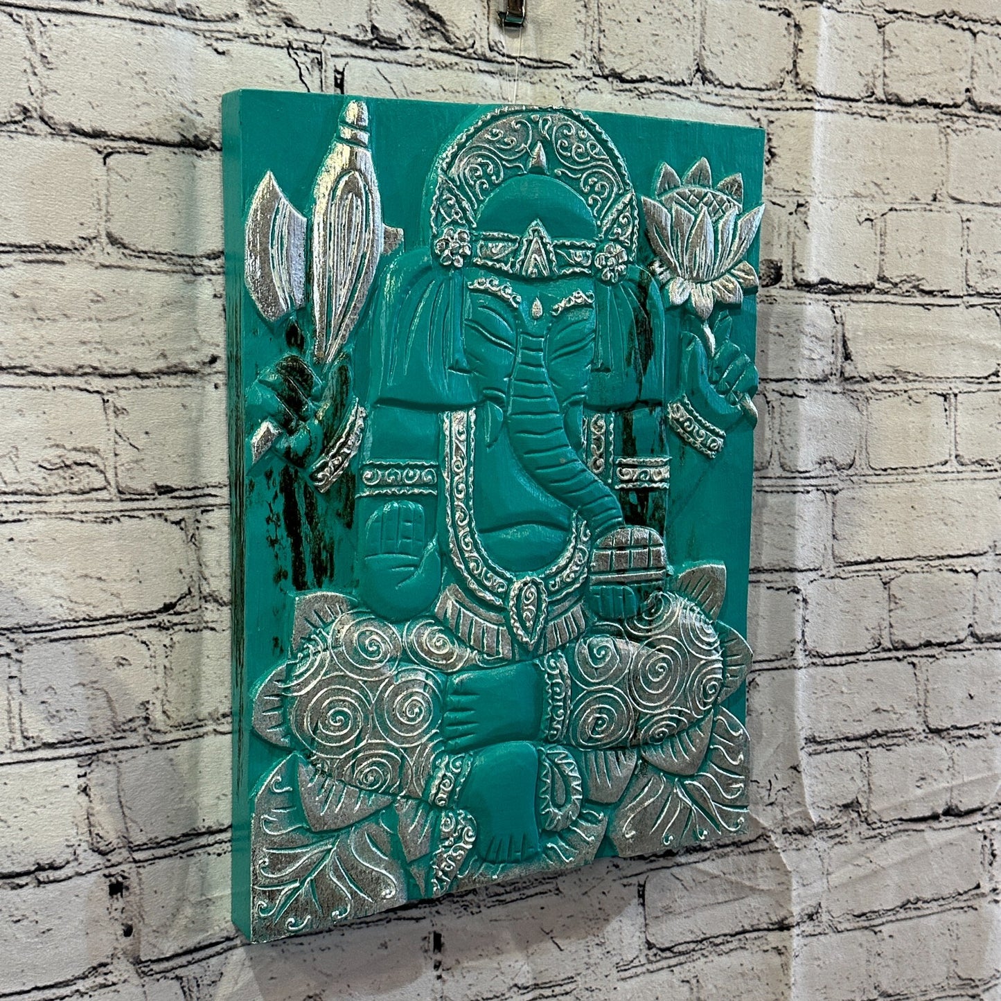 Wooden Wood Panel 40cm Brown Teal Ganesh Lotus Wall Art Plaque Handcarved