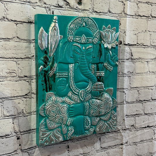 Wooden Wood Panel 40cm Brown Teal Ganesh Lotus Wall Art Plaque Handcarved