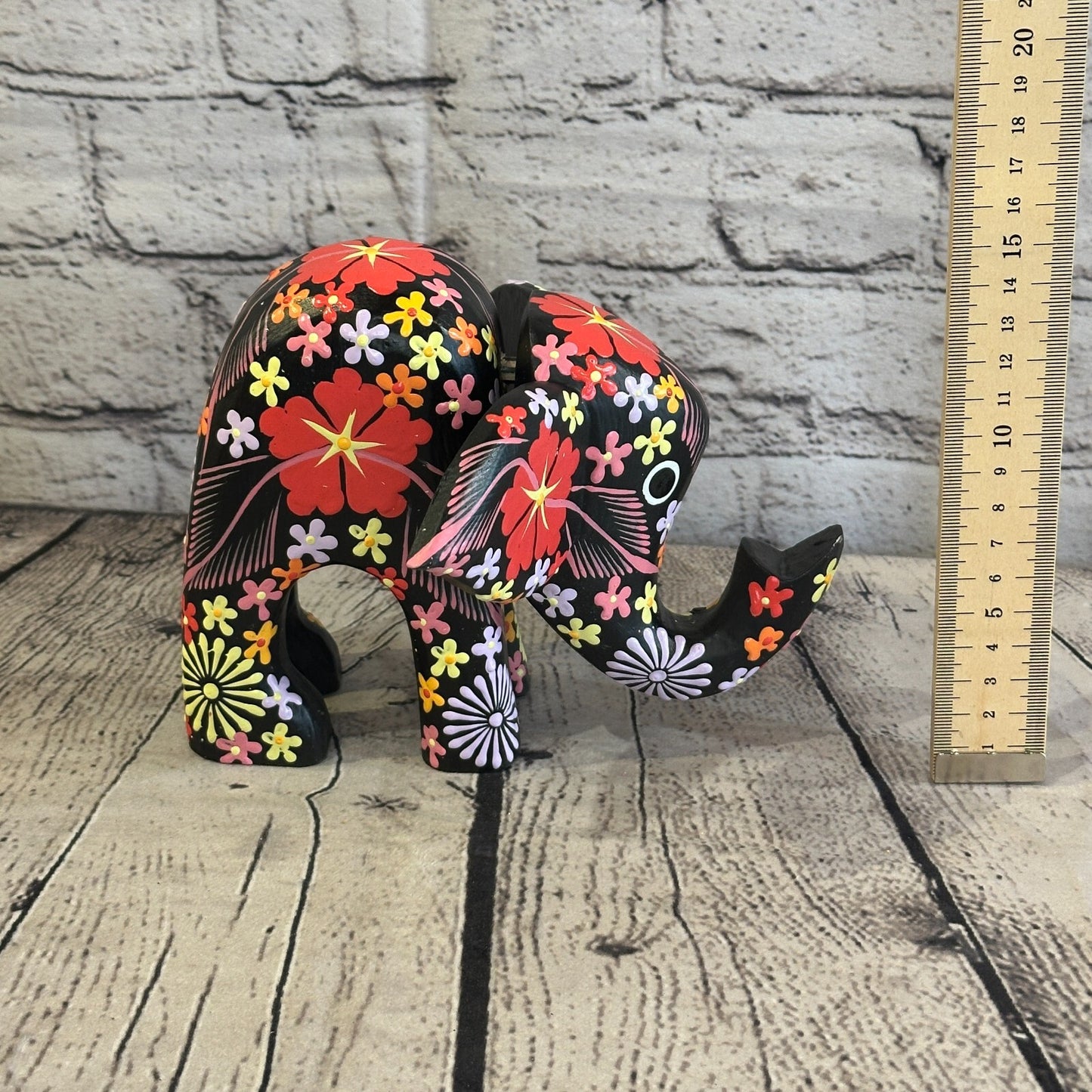 Black Wooden Elephant With Flower Pattern 15cm x 18cm Handmade and Fairtrade