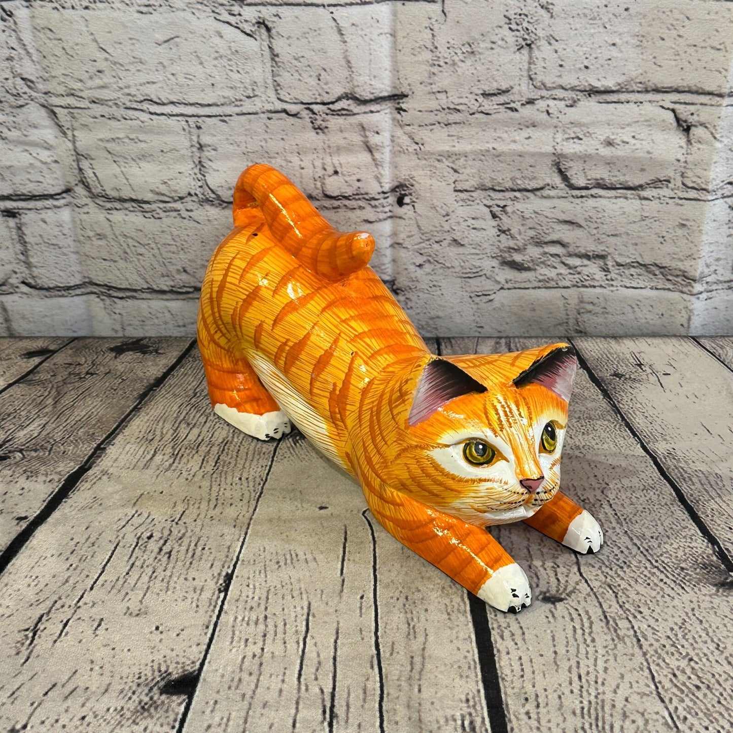 22cm x 14cm Orange Tabby Style Painted Wooden Hand Carved Stretching Cat Wooden