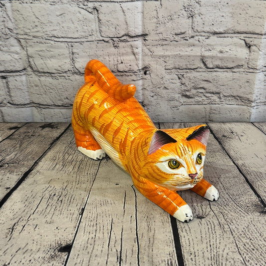 22cm x 14cm Orange Tabby Style Painted Wooden Hand Carved Stretching Cat Wooden