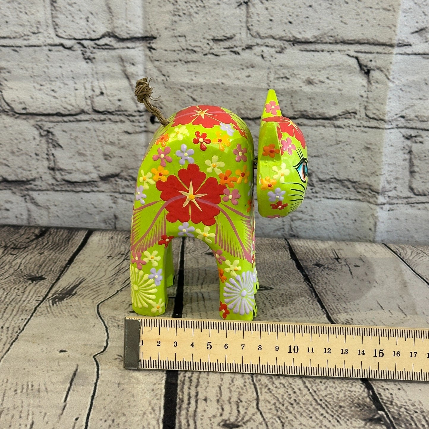 Green Large Wooden Cat With Flower Pattern 15cm x 10cm Handmade and Fairtrade