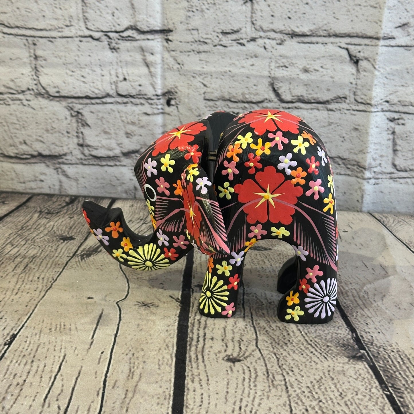 Black Wooden Elephant With Flower Pattern 15cm x 18cm Handmade and Fairtrade
