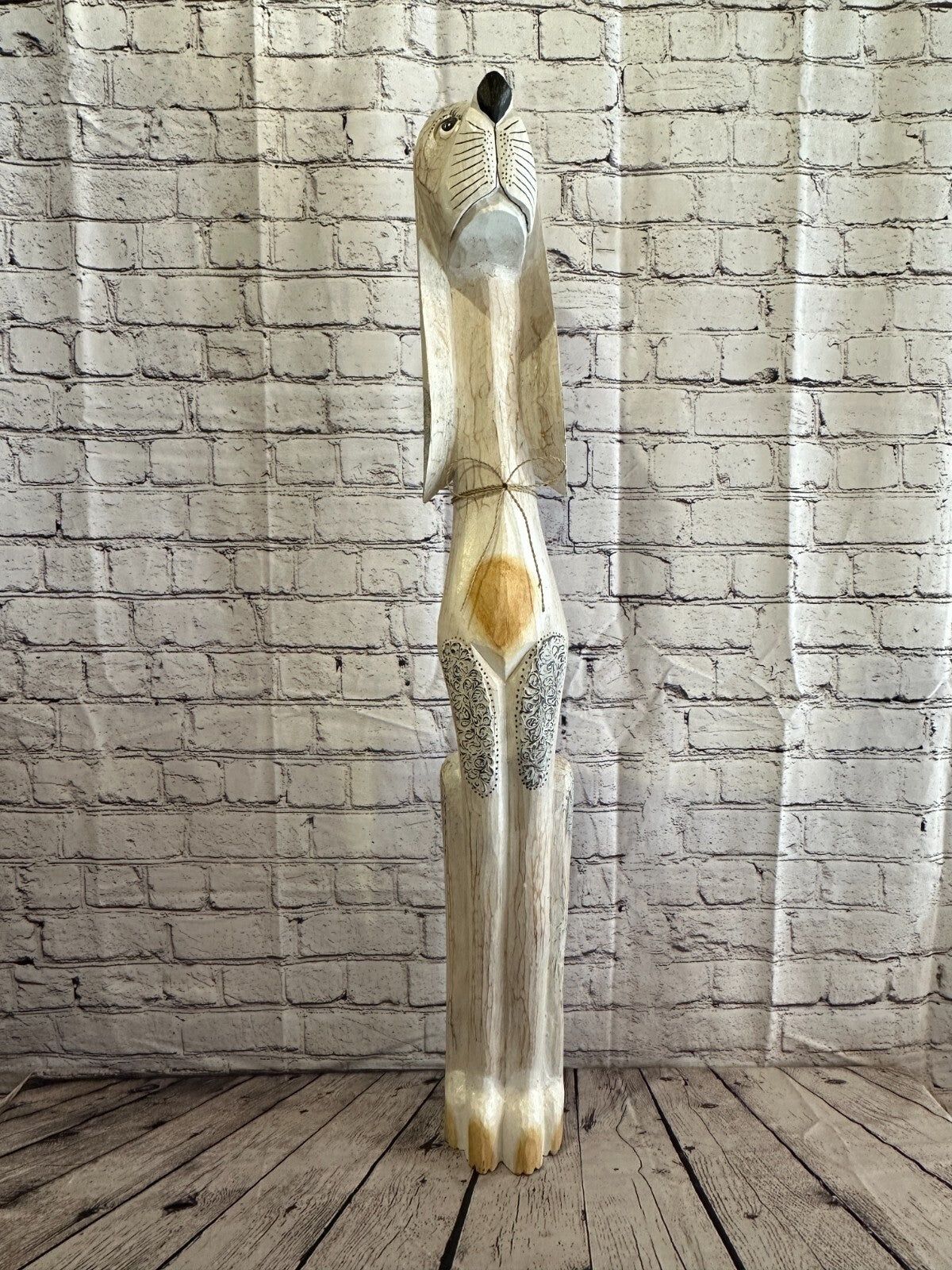 100cm White Flower Wooden Shabby Dog Statue Ornament Fair Trade Handcarved