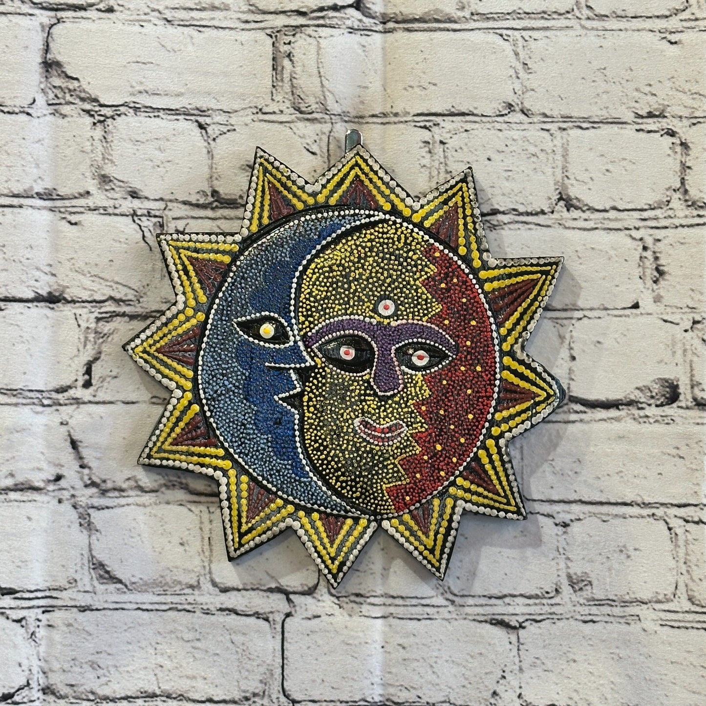 25cm Sun & Moon Carved Wooden Dot Painted Ethnic Tribal Tiki Wall Handmade No 3