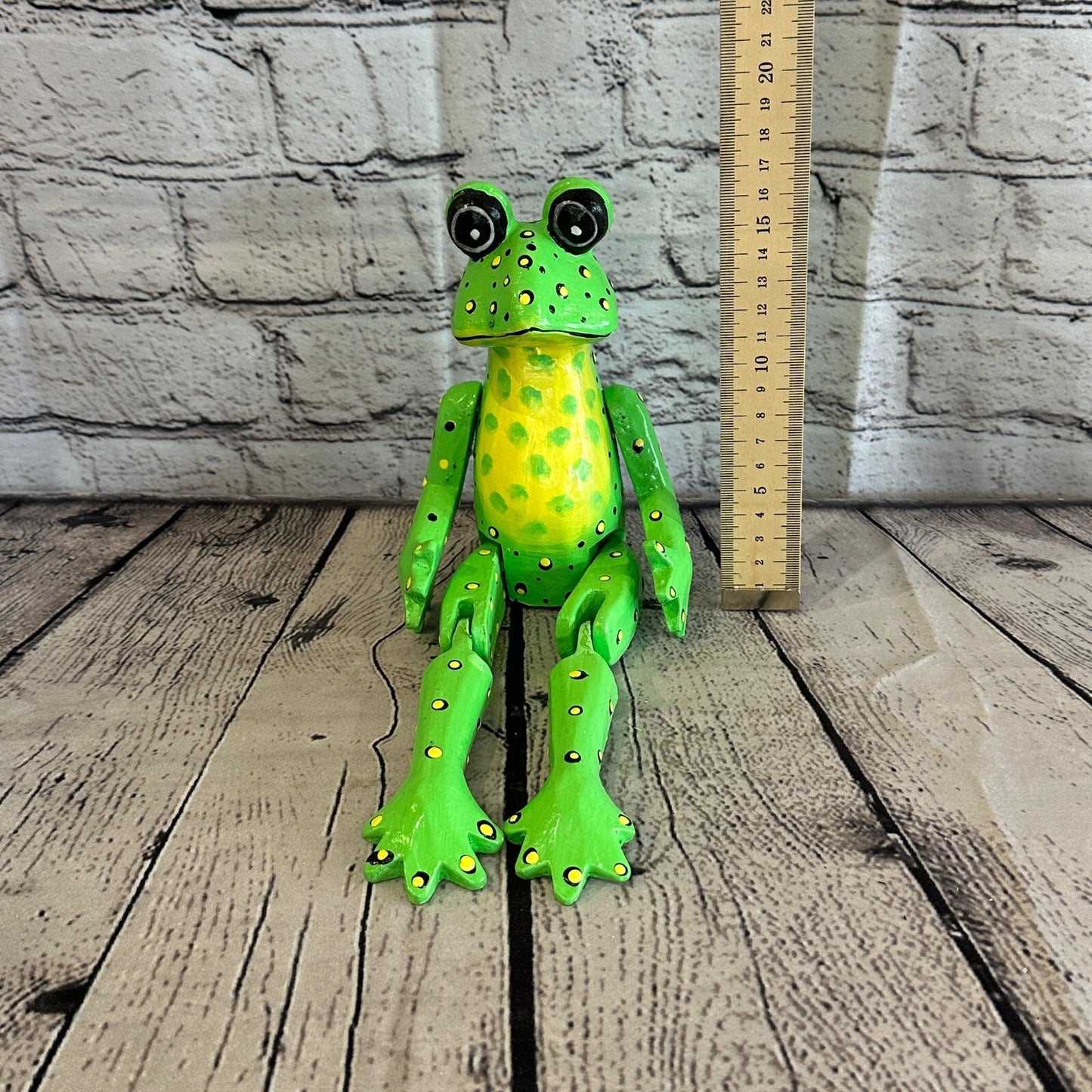 20cm Green Frog Sitting Animal, Wooden Shelf Ornament Handmade & Fairtrade