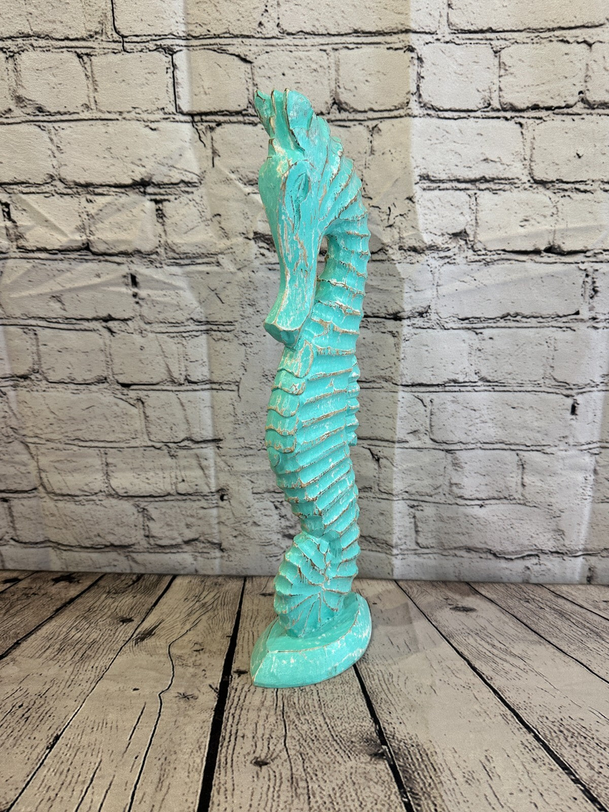 40cm Green Plain Wooden Shabby Seahorse Statue Ornament Fair Trade Handcarved