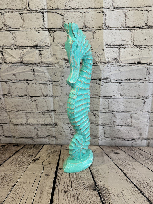 40cm Green Plain Wooden Shabby Seahorse Statue Ornament Fair Trade Handcarved