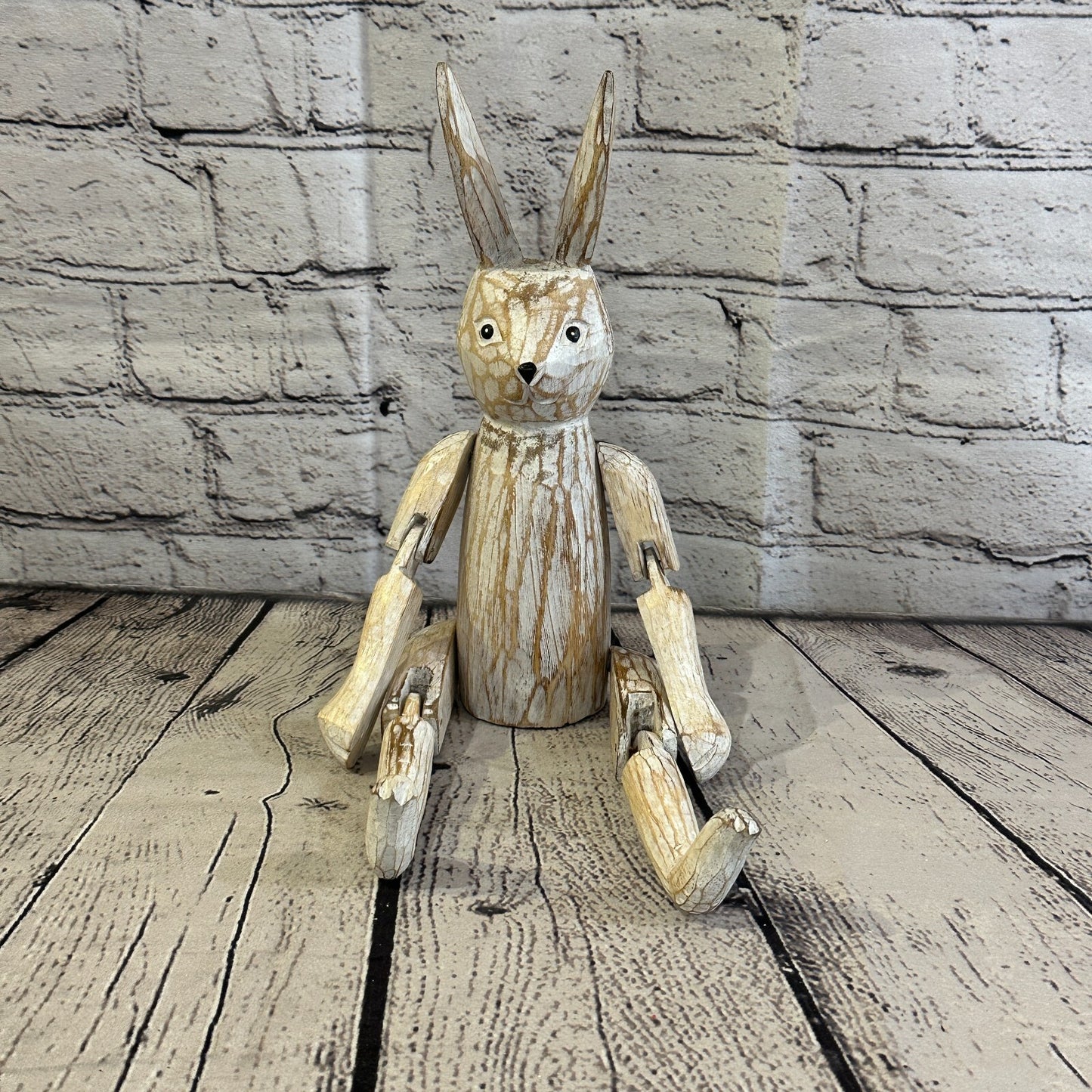 25cm Shabby White Rabbit Sitting Animal Wooden Shelf Ornament Handmade Fairtrade