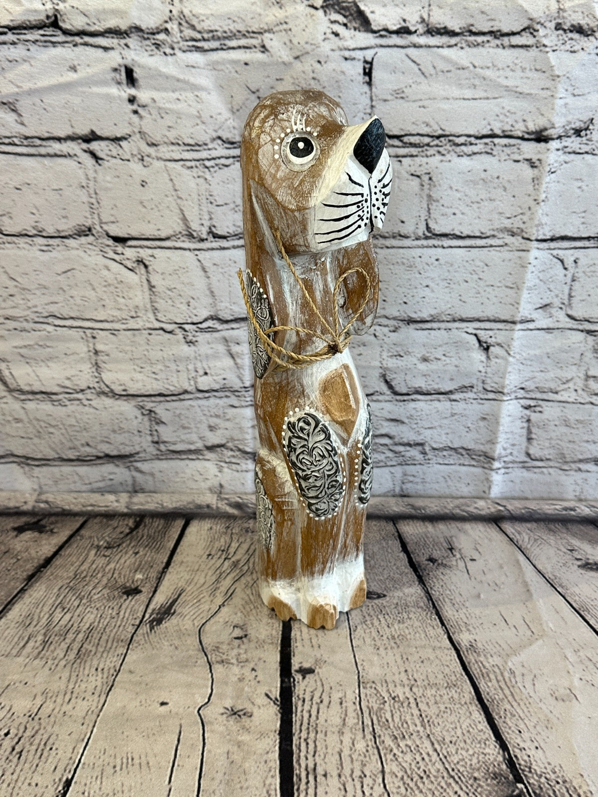 30cm Light Brown Flower Wooden Shabby Dog Statue Ornament Fair Trade Handcarved