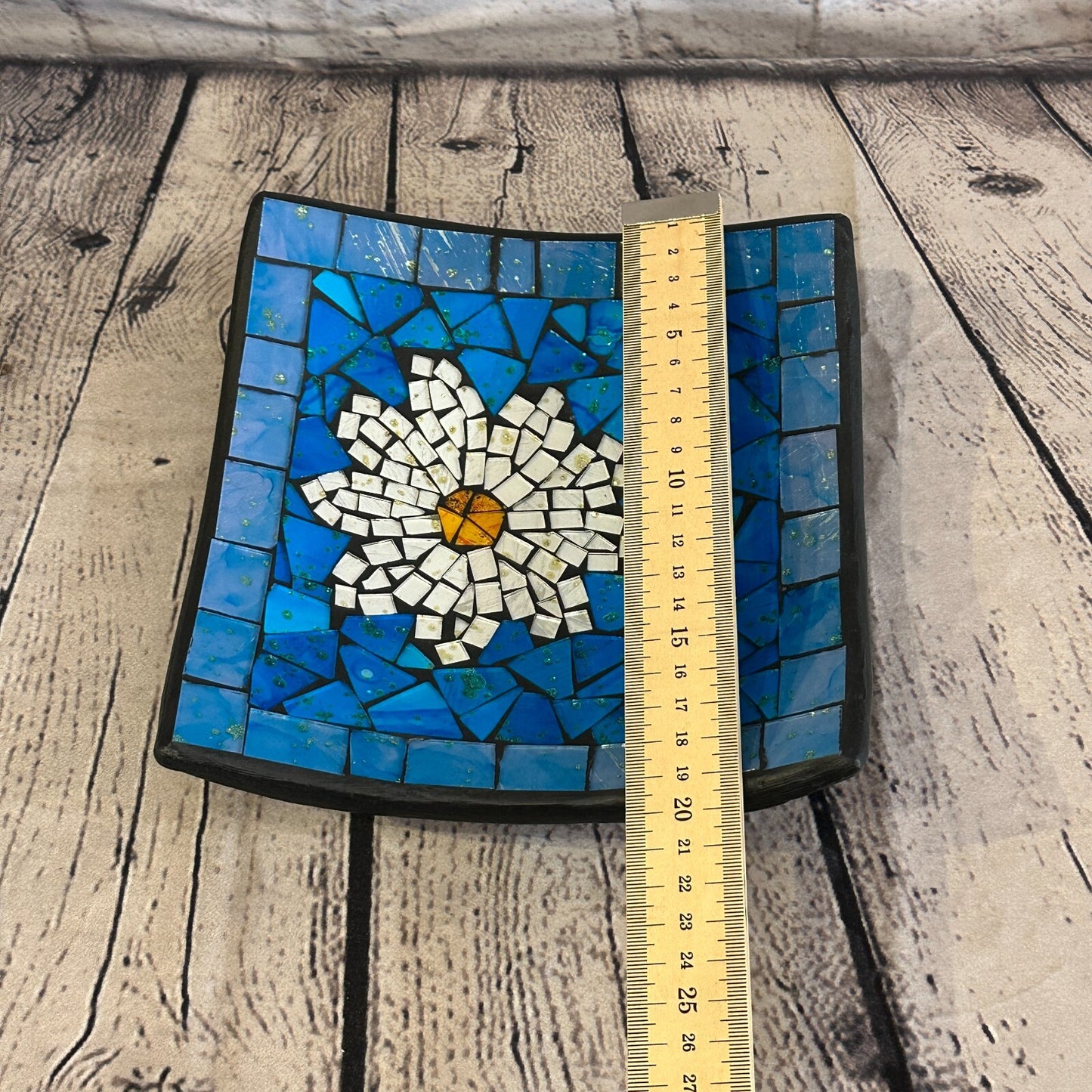 20cm Blue Daisy Flower Square Mosaic Handmade Ceramic Glass Tile Bowl Fruit