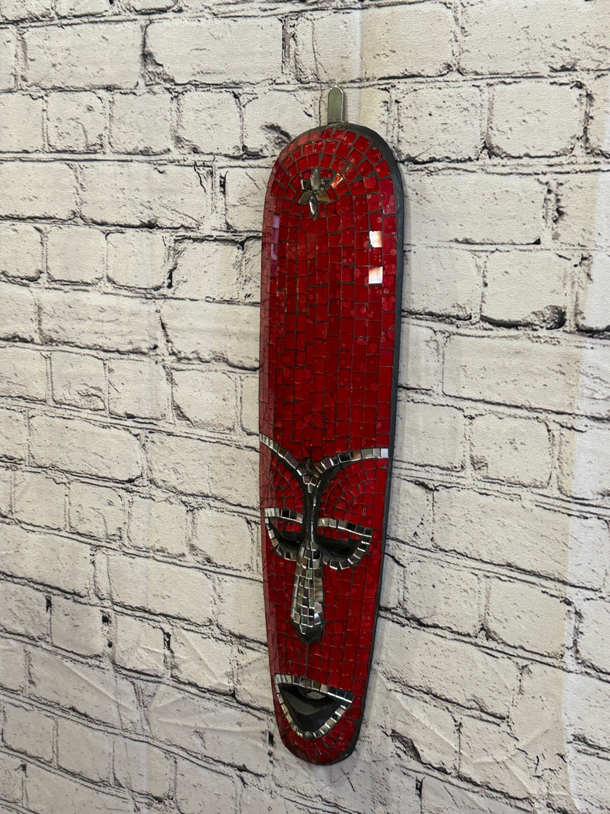 50cm Red Mosaic Mirror Mask Carved Painted Ethnic Tribal Wall Art Handmade
