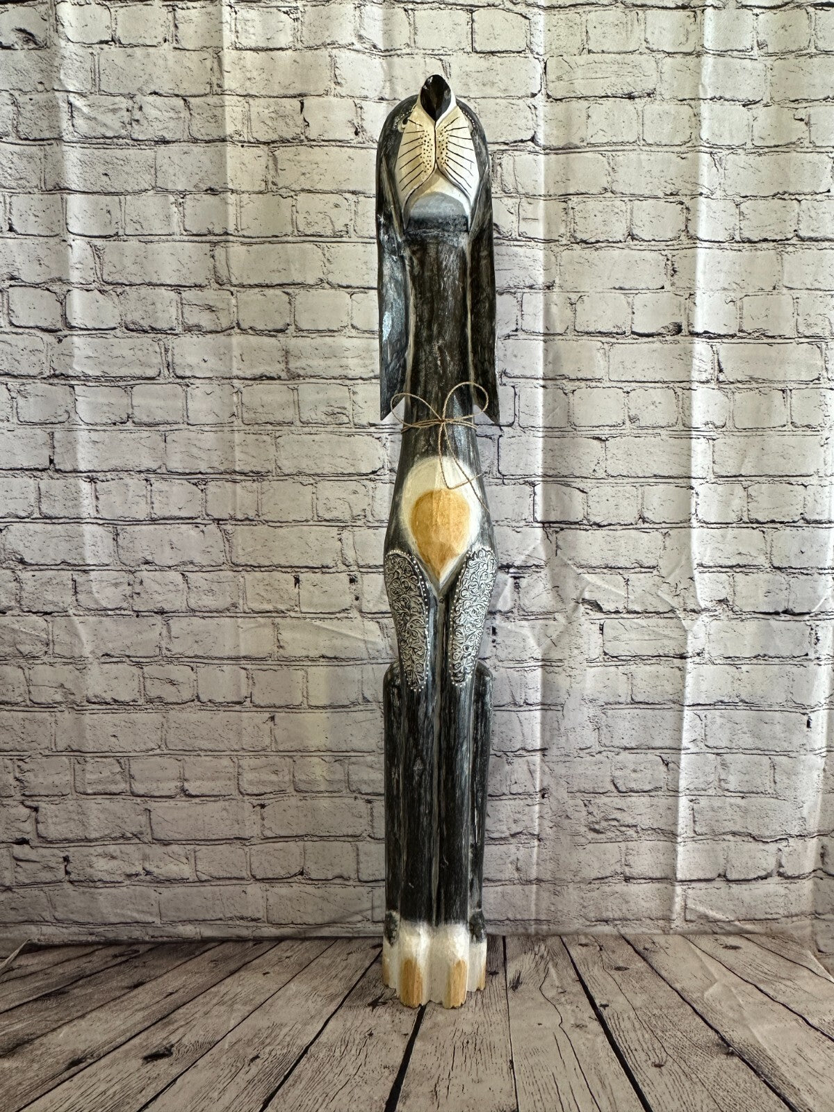 100cm Grey Flower Wooden Shabby Dog Statue Ornament Fair Trade Handcarved