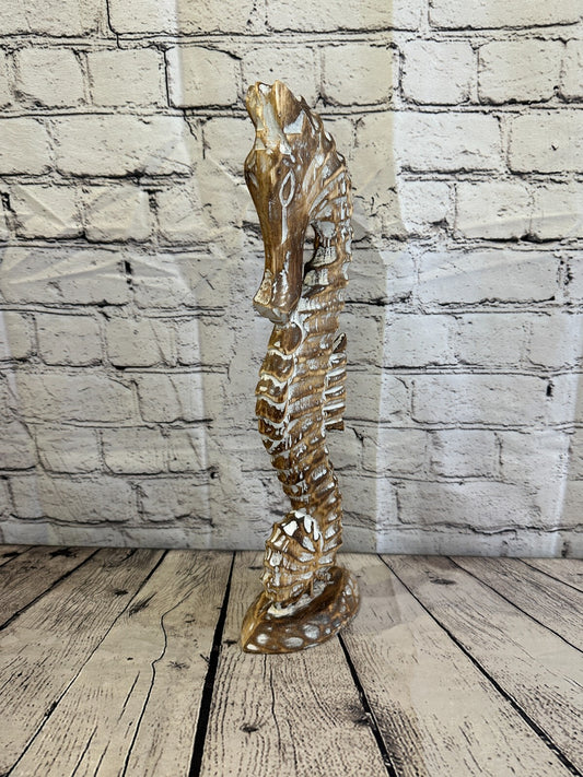 40cm Brown Plain Wooden Shabby Seahorse Statue Ornament Fair Trade Handcarved