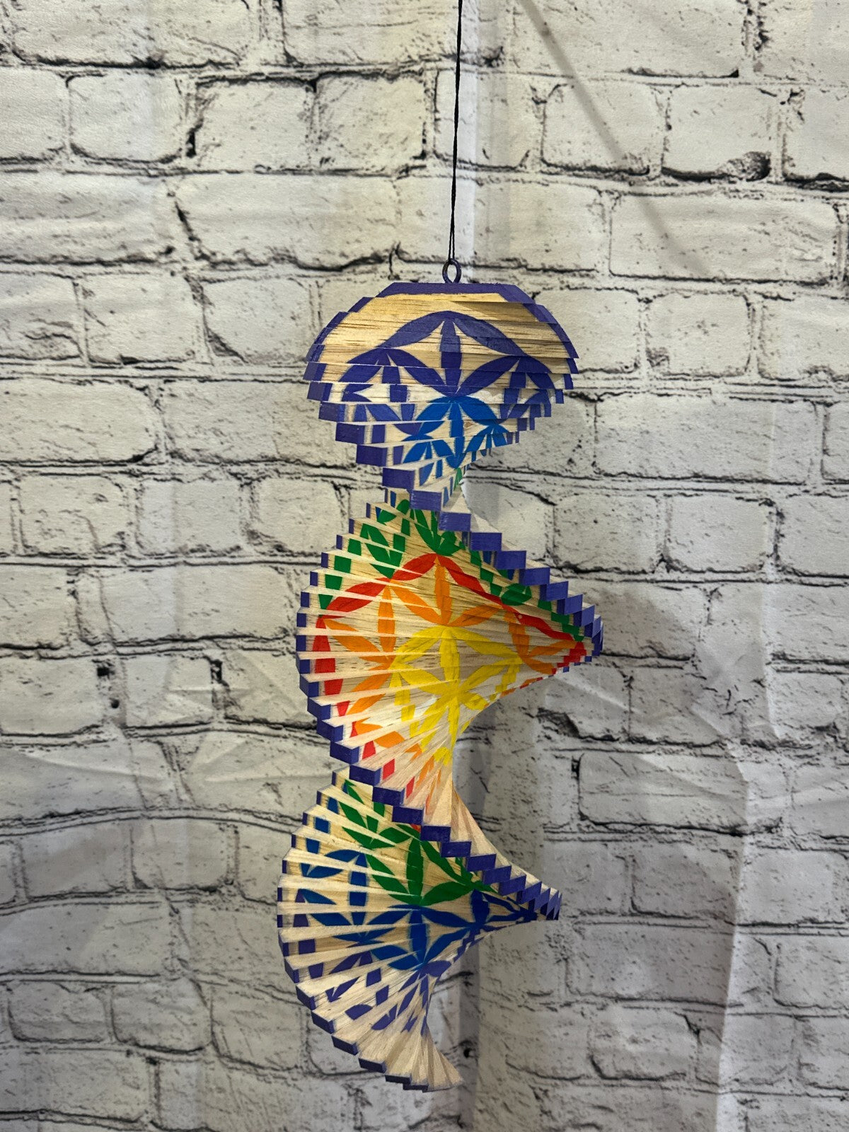 40cm Rainbow Flower Pattern Wind Spinner Wooden Spiral Mobile Garden Ornament